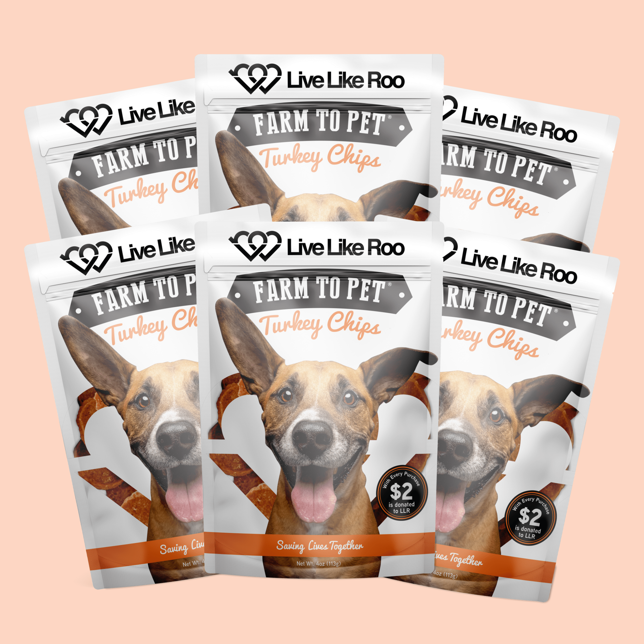Multiple packages of Farm to Pet Turkey Chips with a dog's face on the packaging against a peach background.