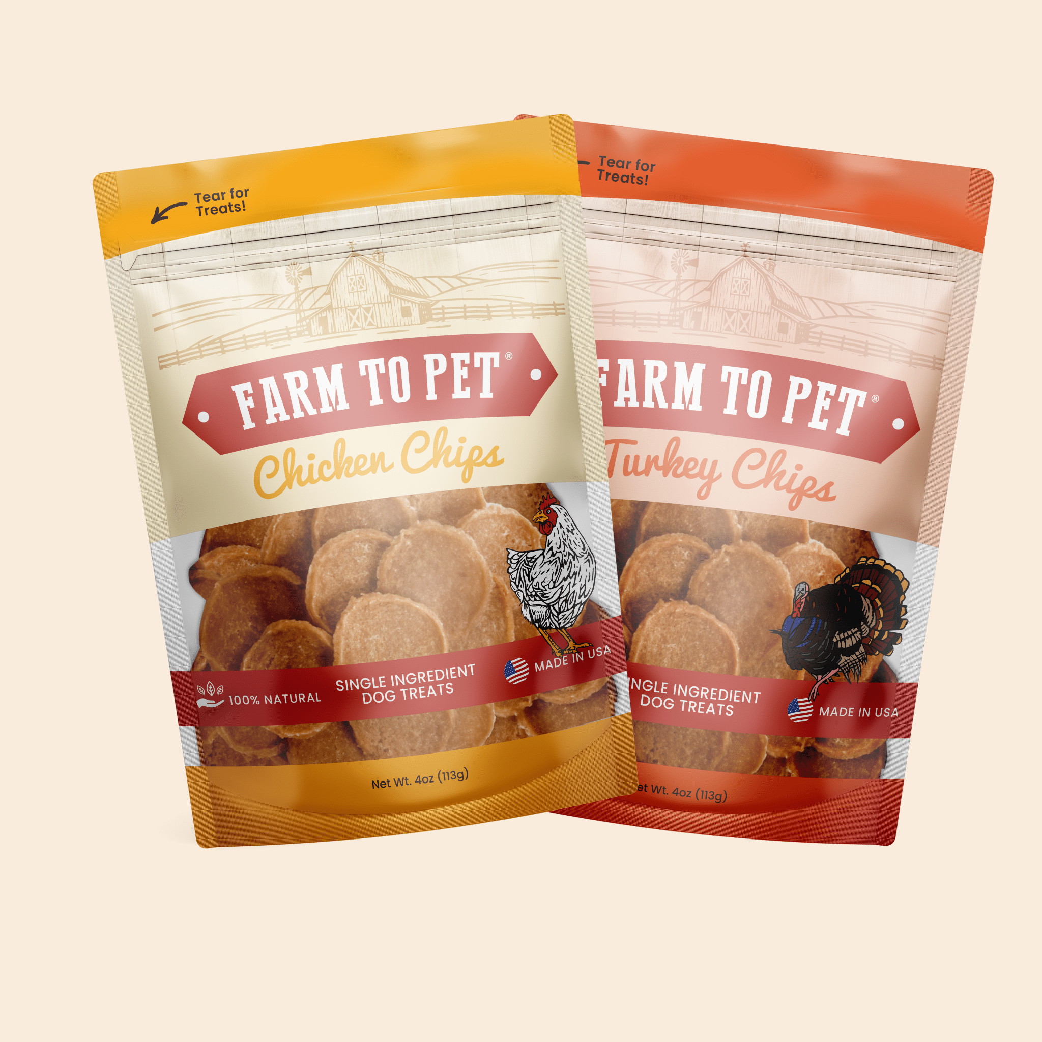 Packages of Farm to Pet Chicken Chips and Turkey Chips on a beige background.