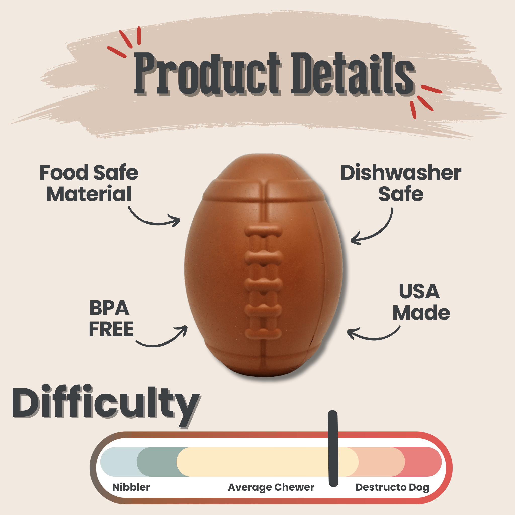 Farm to Pet Dog Treat Dispenser Brown football with product details on a beige background.