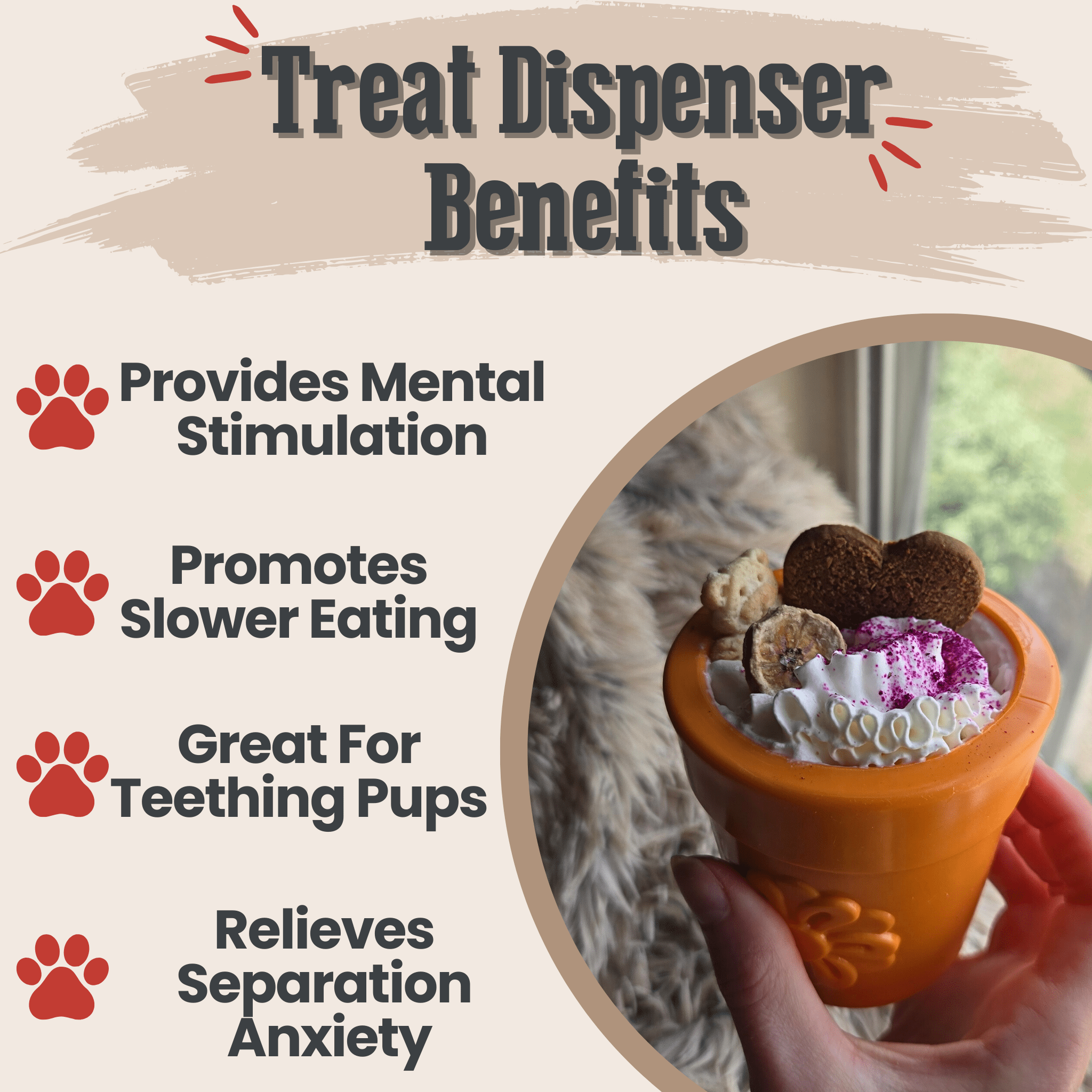Farm to Pet Dog Treat dispenser orange flower pot filled with treats showing the benefits listed on a beige background.