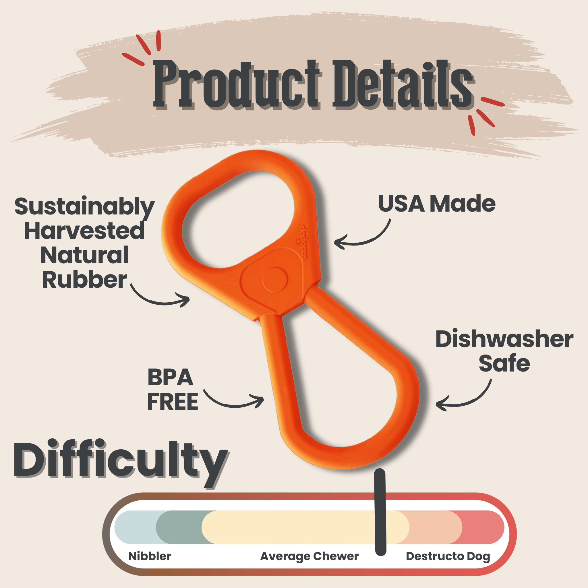 Farm to Pet Tug Toy Orange Pop Top tug with product details on a beige background