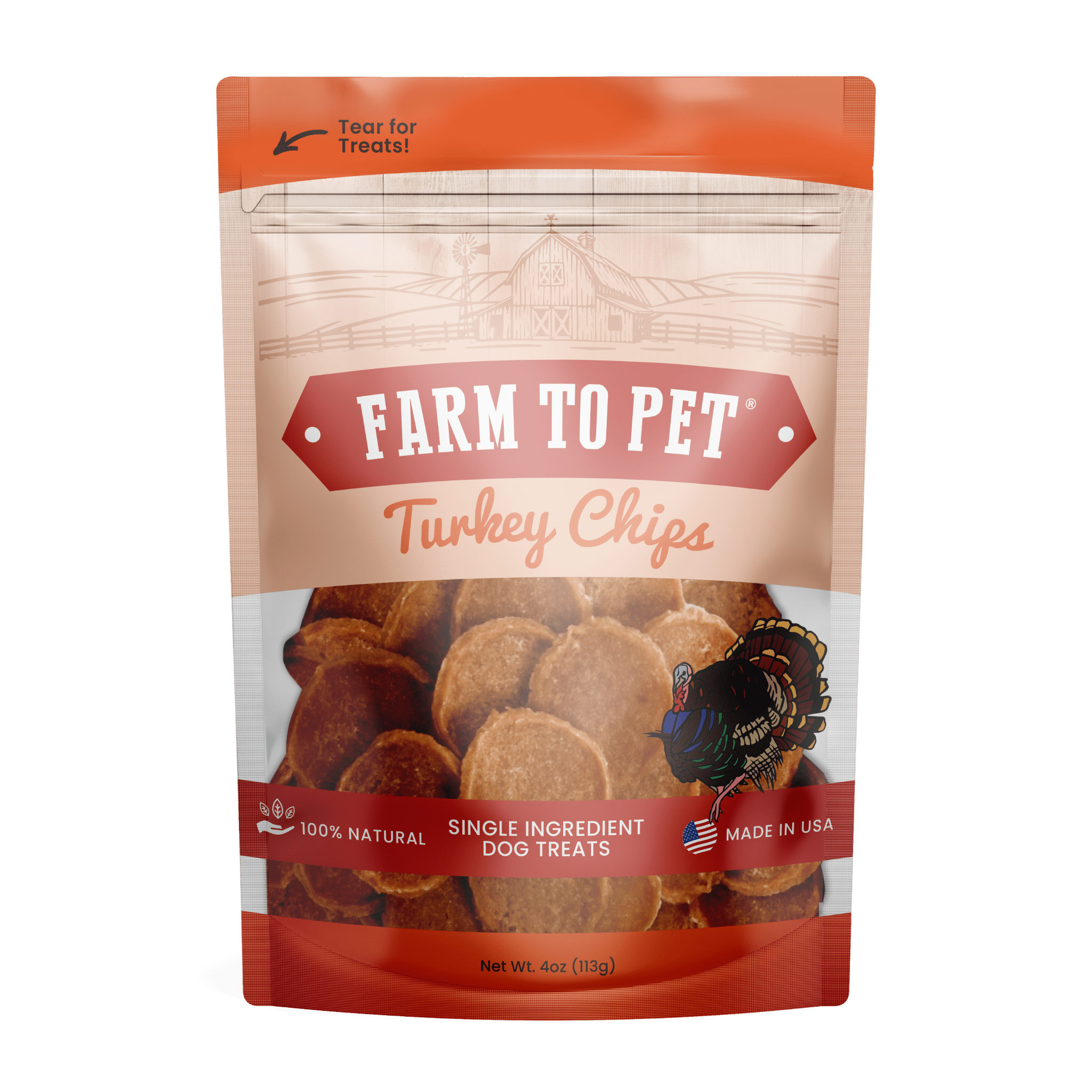 Product picture of the front Farm to Pet Turkey Chips on a white background.
