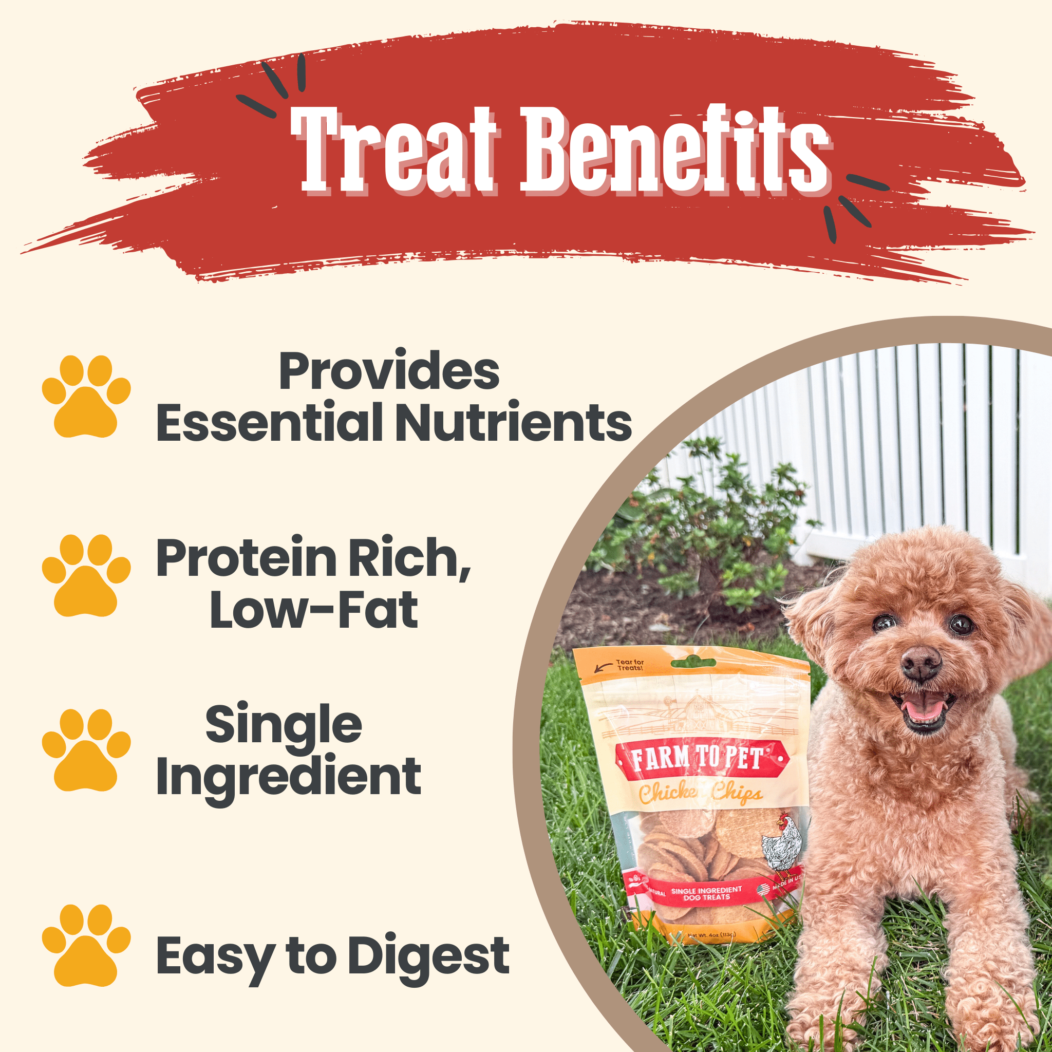 Farm to Pet Dog treat packaging with a cute dog and text highlighting benefits on a grassy background