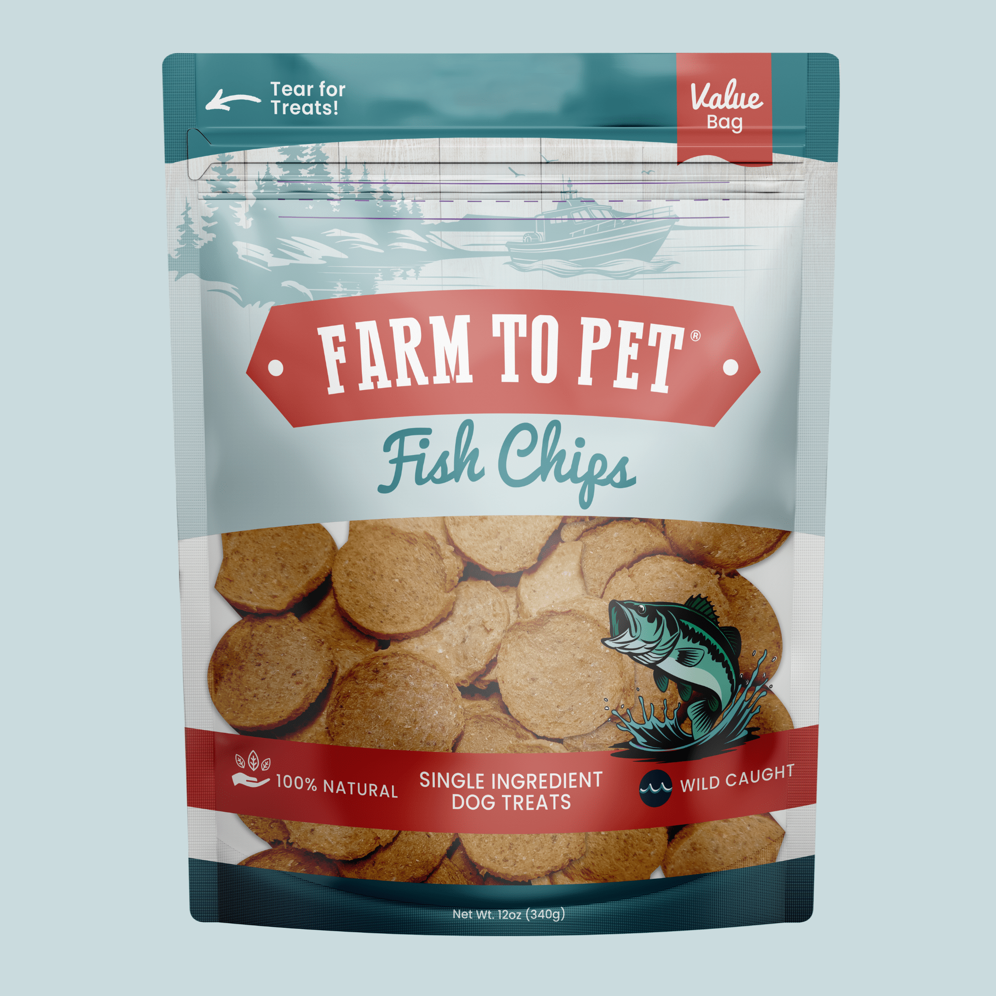 A package of Farm to Pet Fish Chips dog treats on a light blue background.
