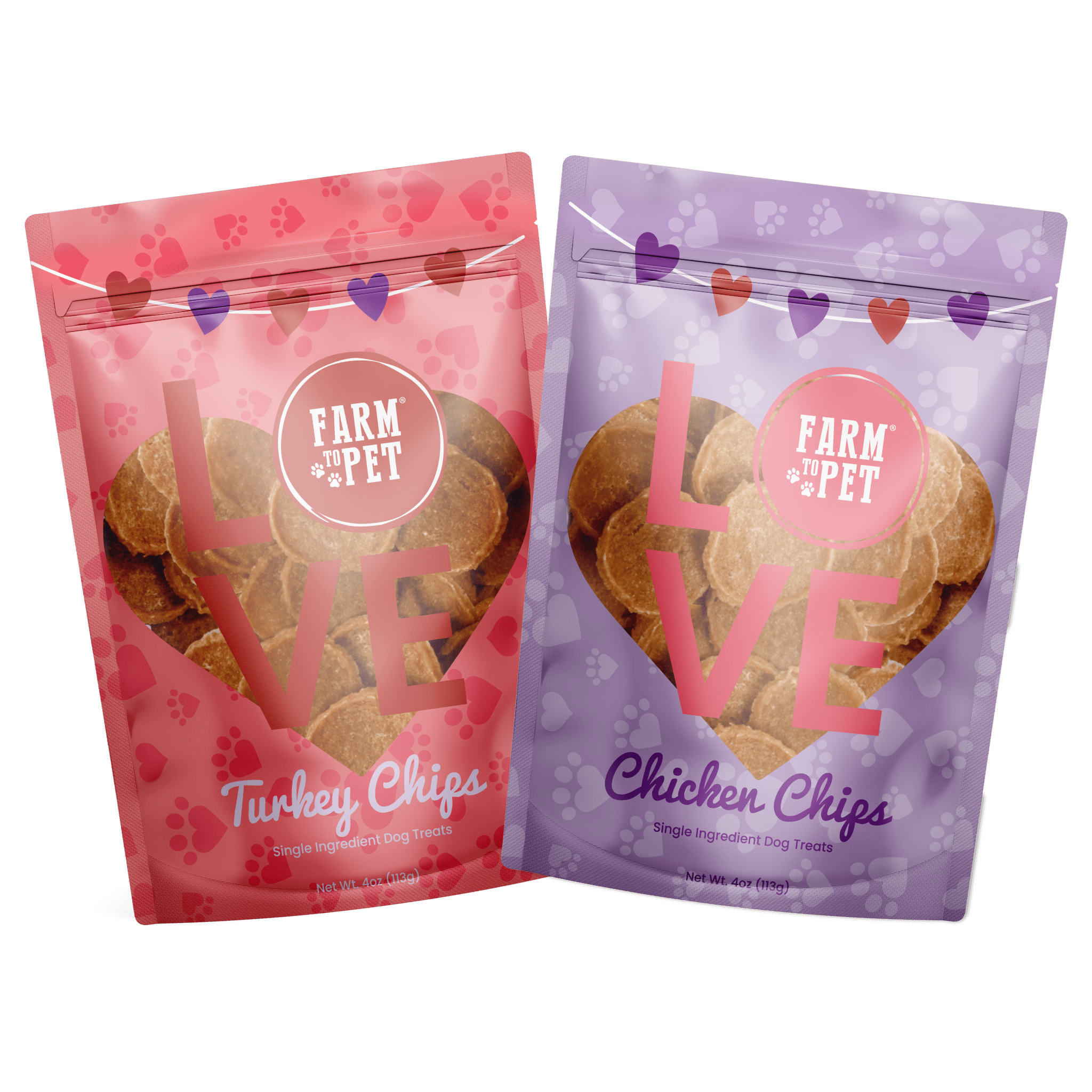 Product Front Picture of Farm to Pet Valentine Treat Pink Love Turkey Bag and Purple Love Chicken Chips with white background.