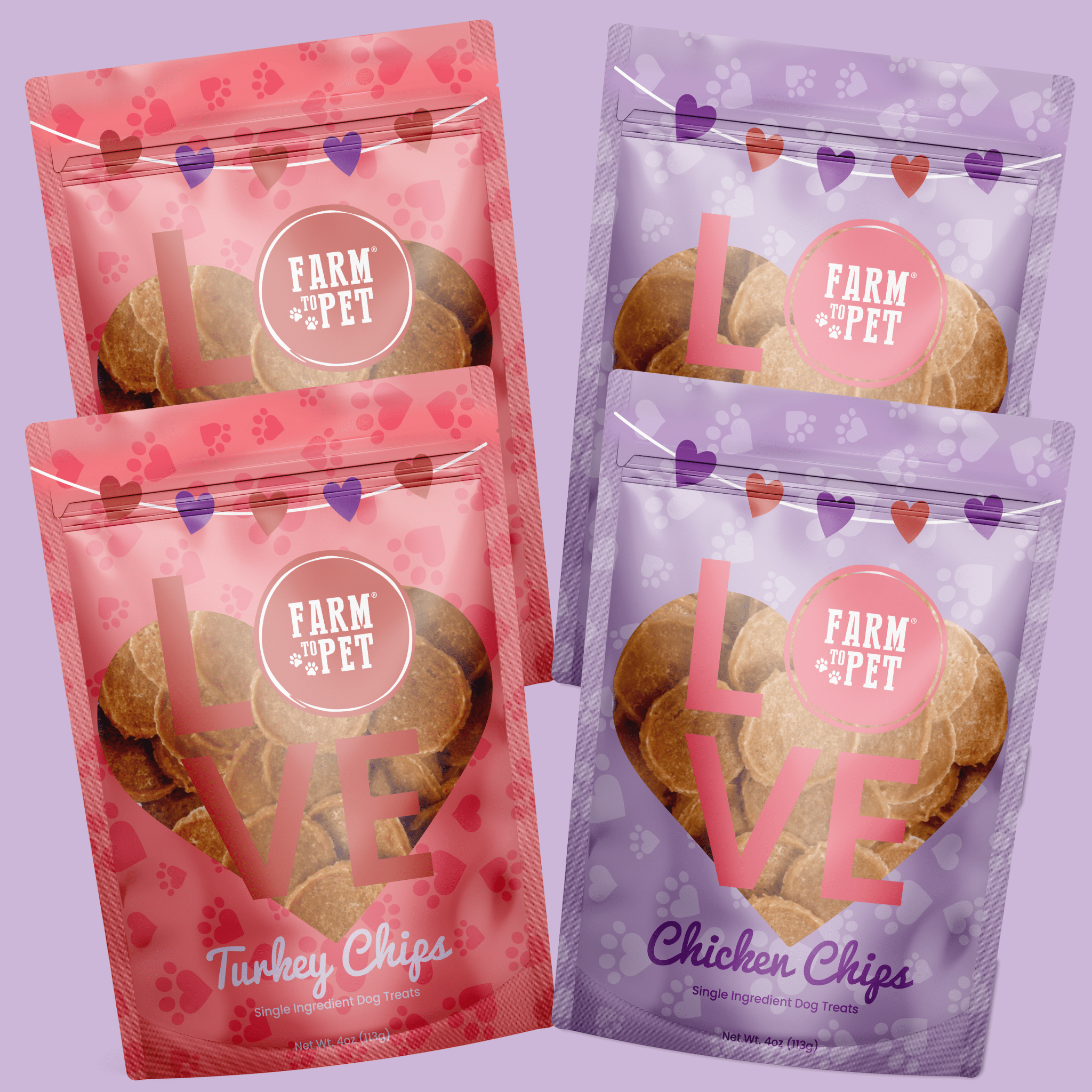 Four Valentine packages of Farm to Pet turkey and chicken chips 2 pink and 2 purple on a light purple background.