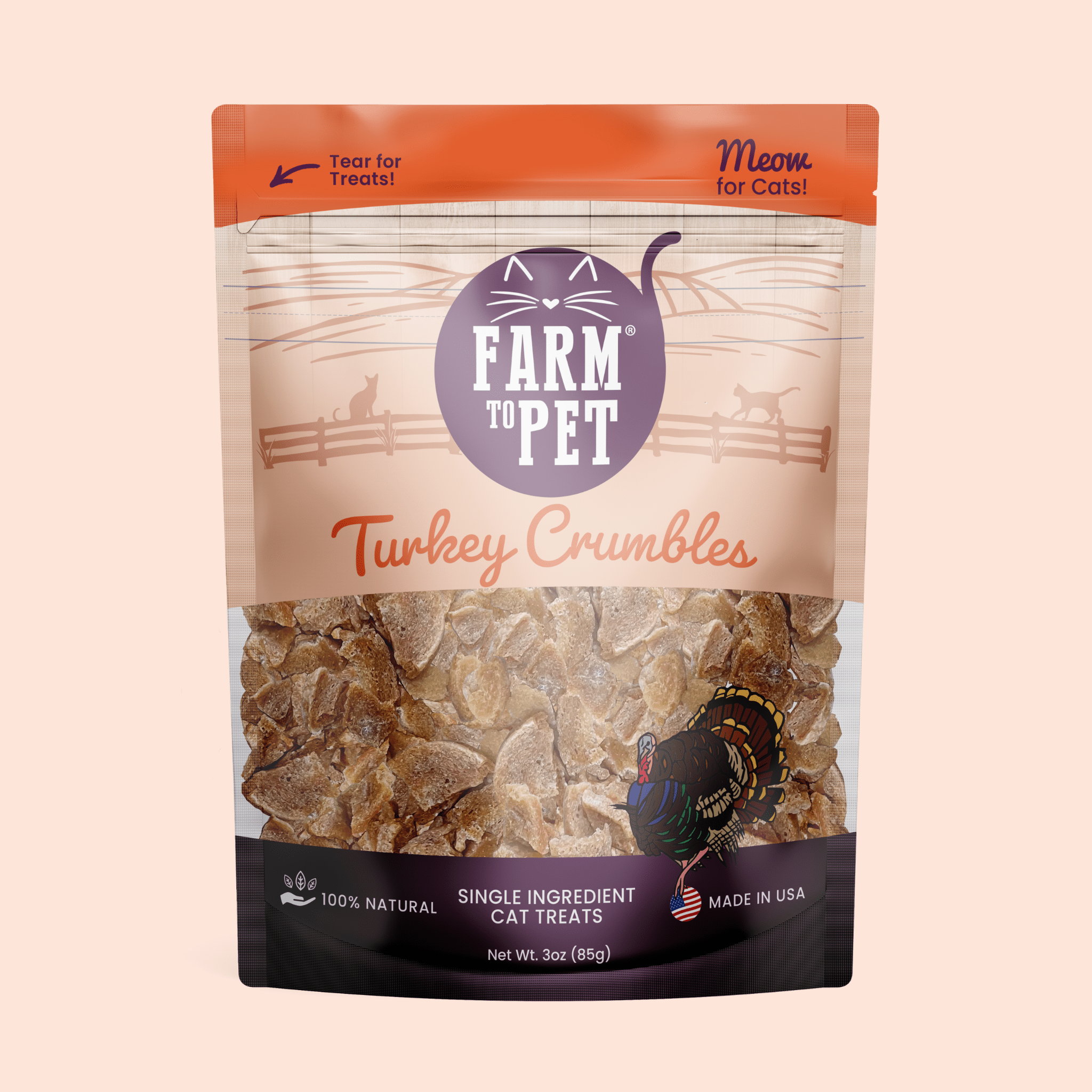 Package of Farm to Pet Turkey Crumbles cat treats on a beige background front of bag