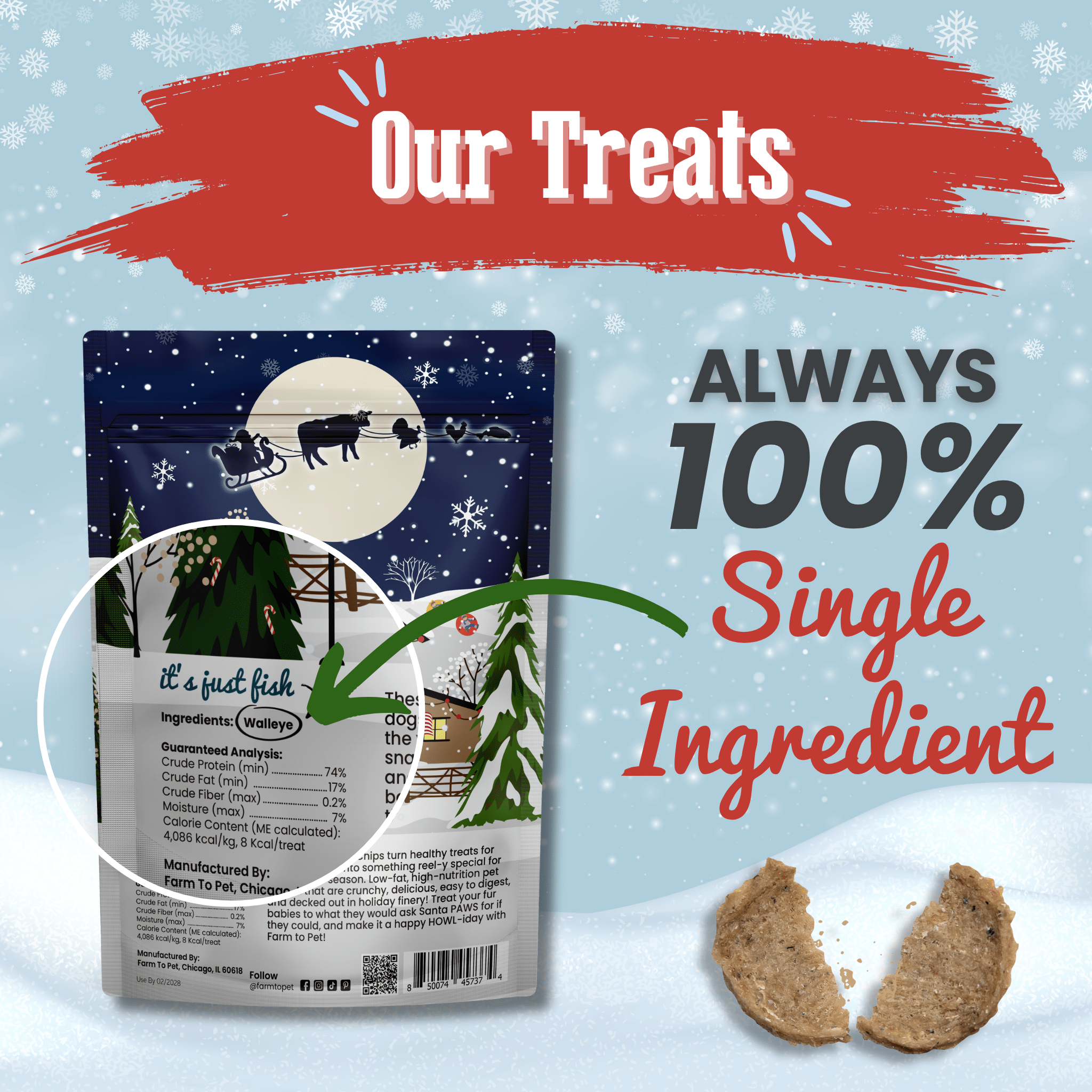 Dog treats including fish chips with winter scene illustration and text about single-ingredient treats from Farm to Pet