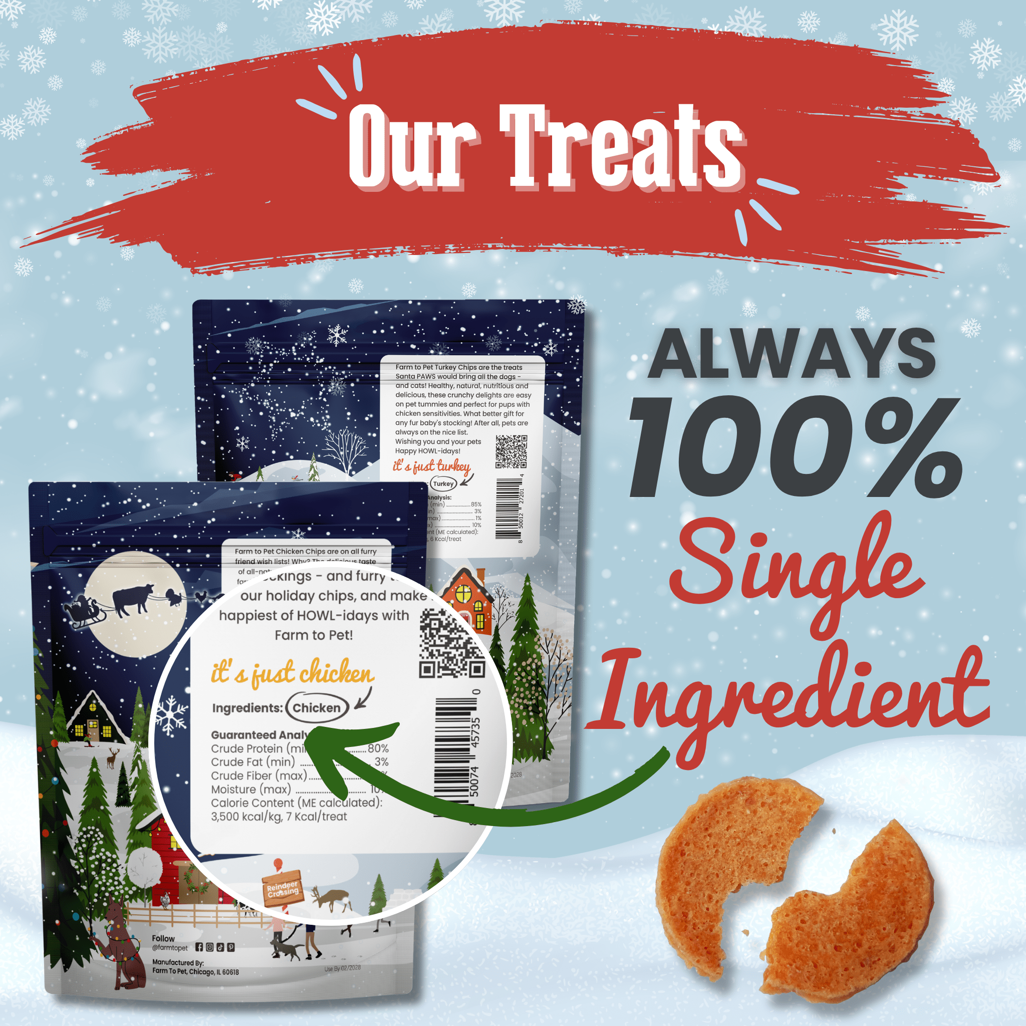 Farm to Pet bags with a treat and text about single-ingredient content on a snowy background for dogs.