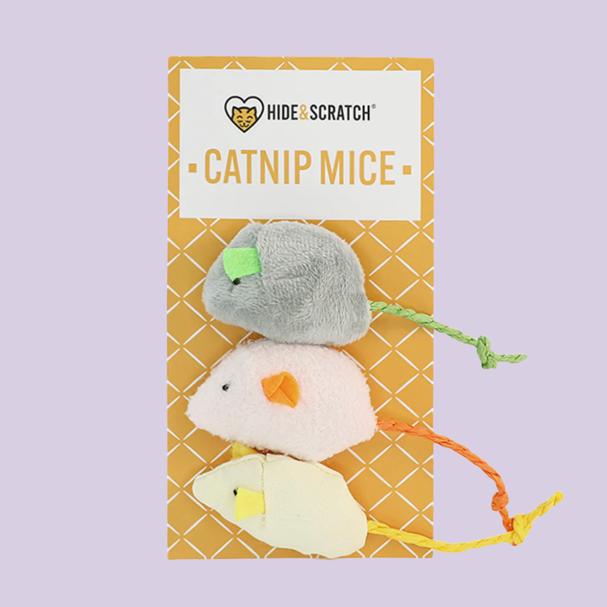 Catnip mice in packaging with 'Hide & Scratch' branding on a light purple background