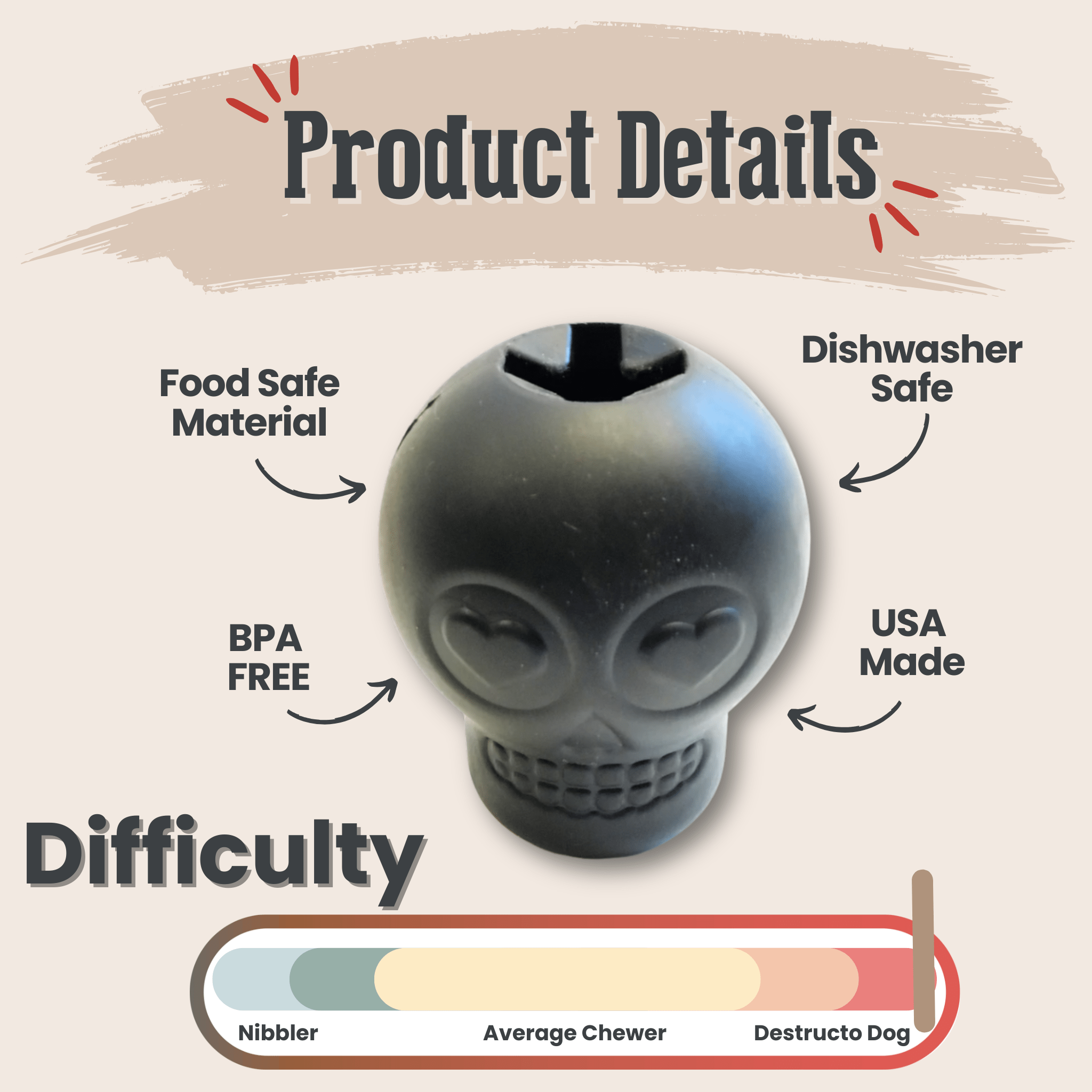 Product details of a black alien-shaped chew toy with features like food safe material, dishwasher safe, BPA free, USA made, and difficulty level for dogs.