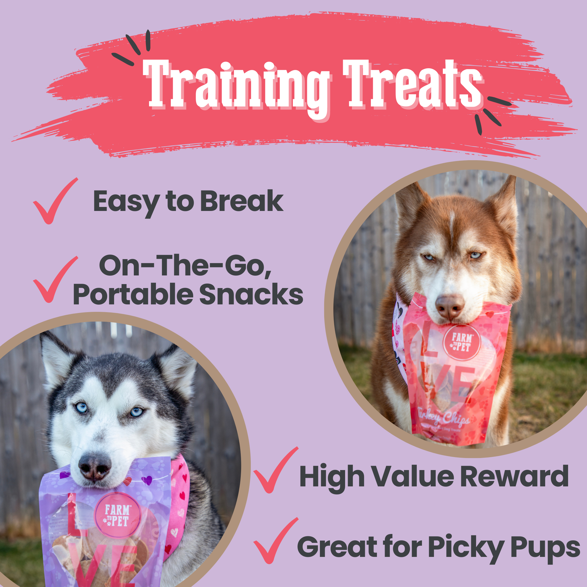 Dog training treats packaging with two dogs and text on a purple background