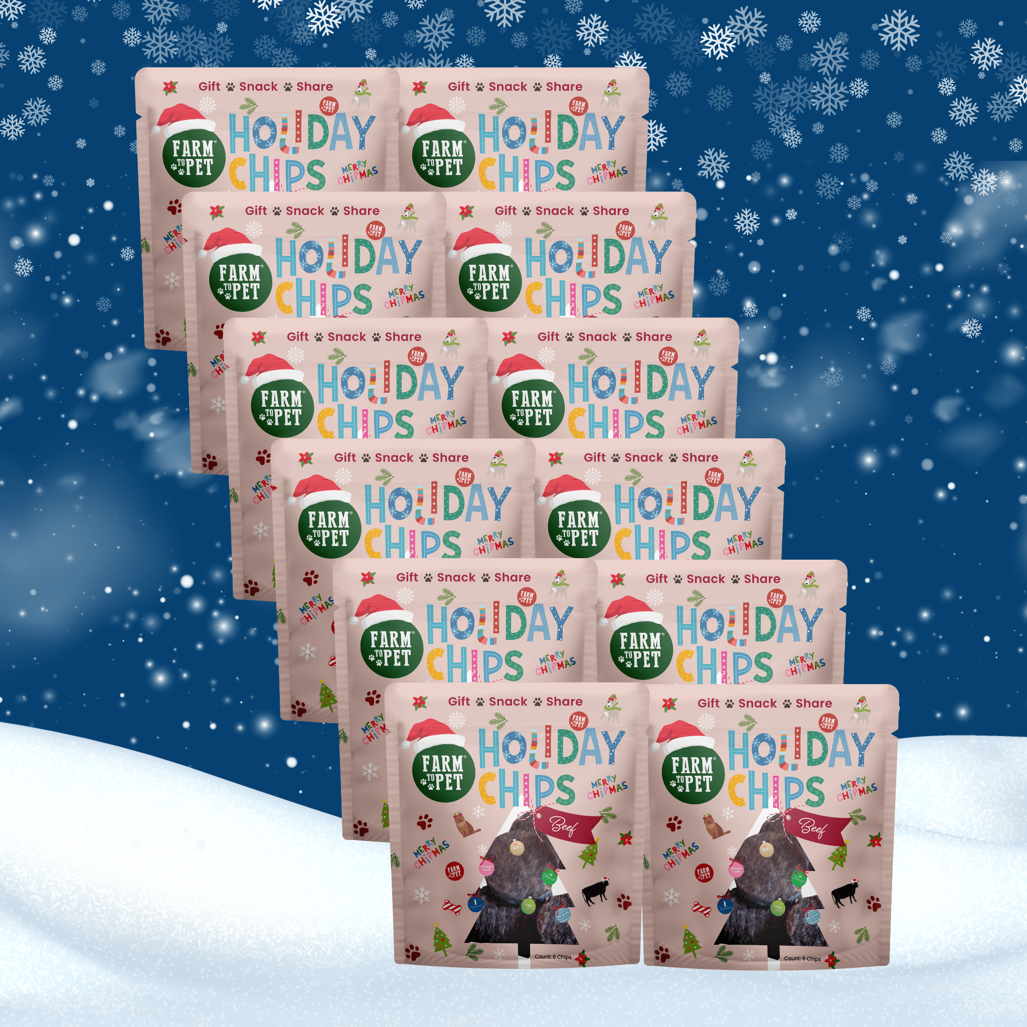 Multiple packages of 'Farm Pet Holiday Chips' on a snowy background for Dogs