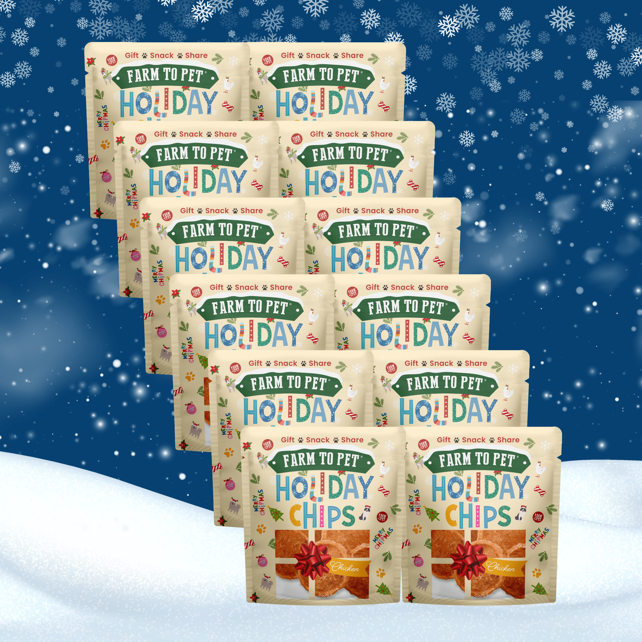 Multiple packages of 'Farm to Pet Holiday' chips on a snowy background for dogs.