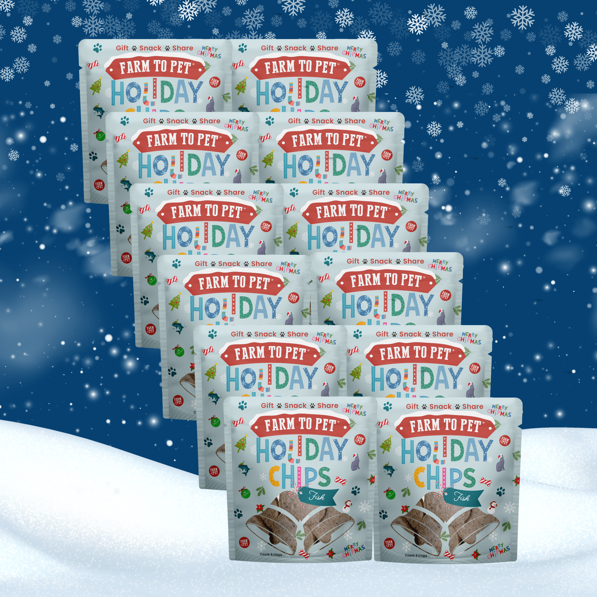 Multiple packages of 'Farm to Pet Holiday Chips' on a snowy background for dogs.