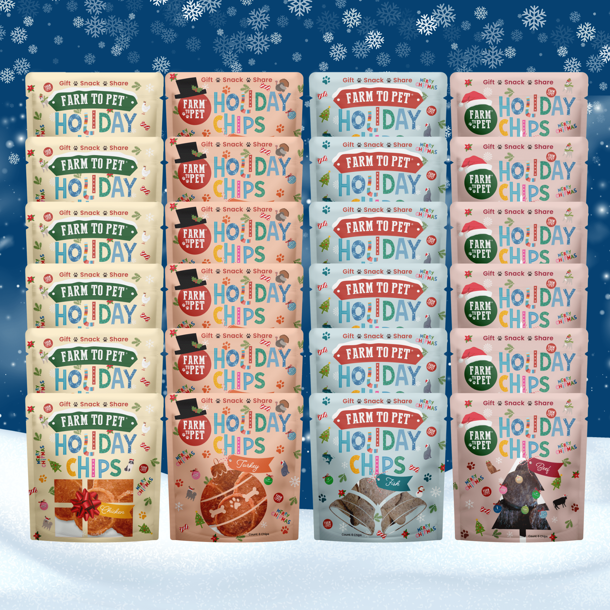 Multiple packages of Farm to Pet Holiday Chips on a snowy background for dogs.