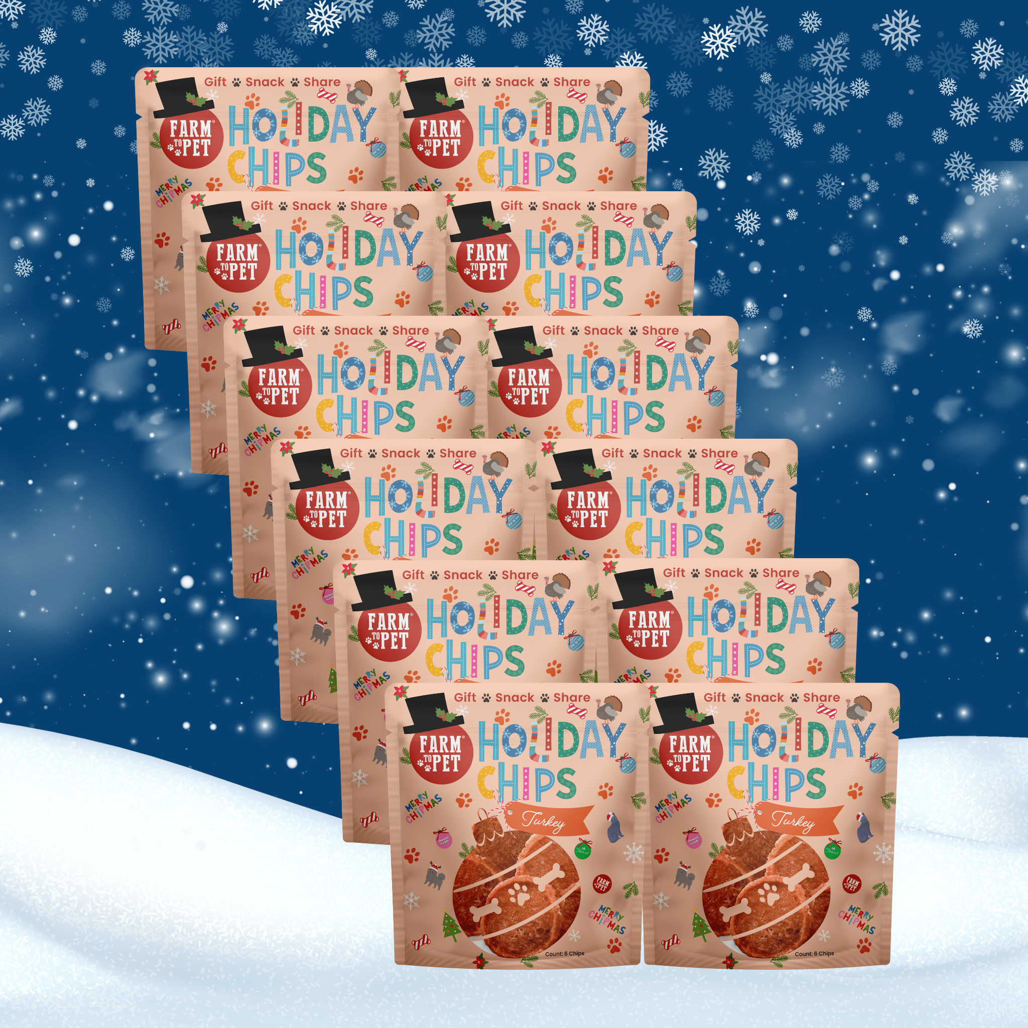 Multiple packages of 'Holiday Chips' with a festive background from Farm to Pet for dogs.