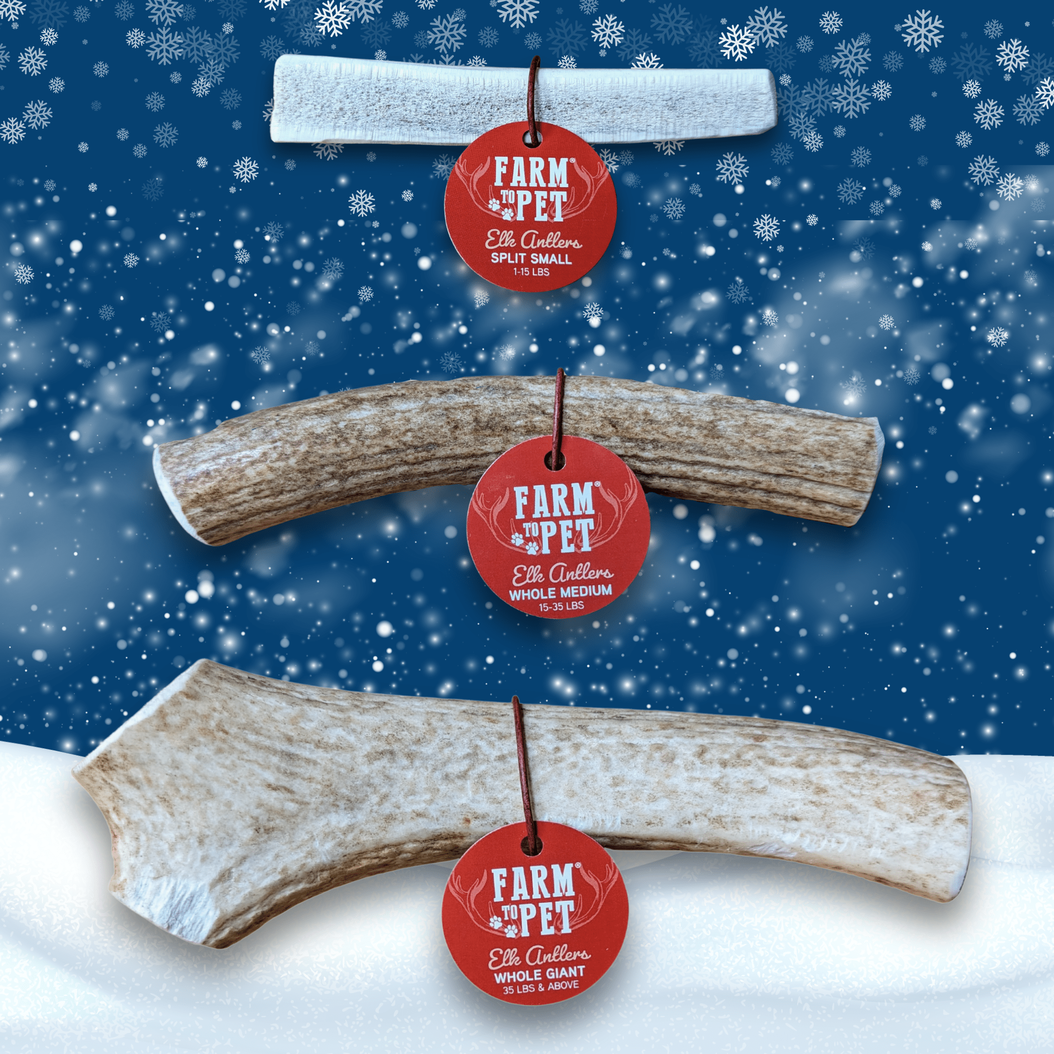 Three elk antlers for dog chews with 'Farm to Pet' tags on a snowy background