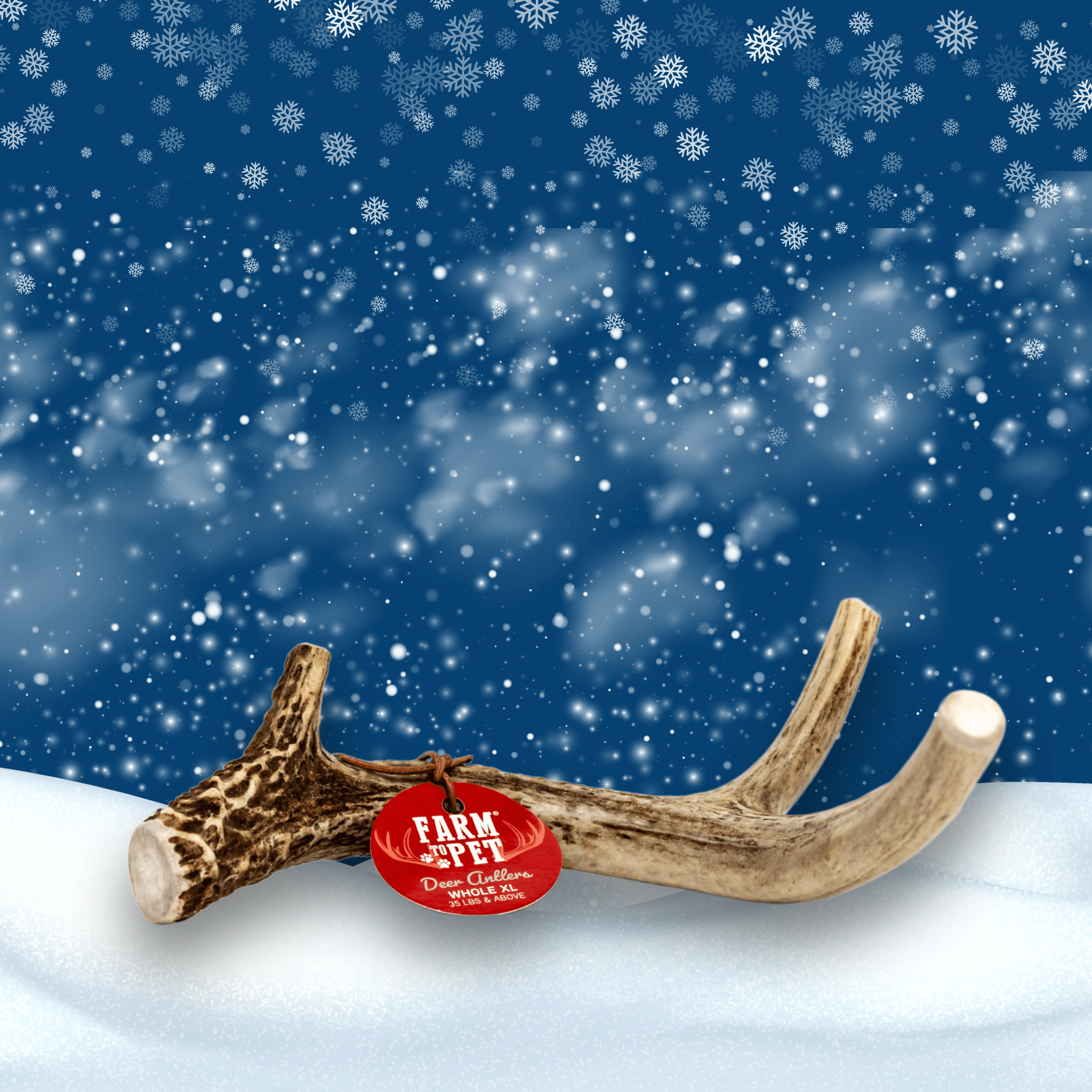 Antlers with a 'Farm to Pet' tag on a snowy background