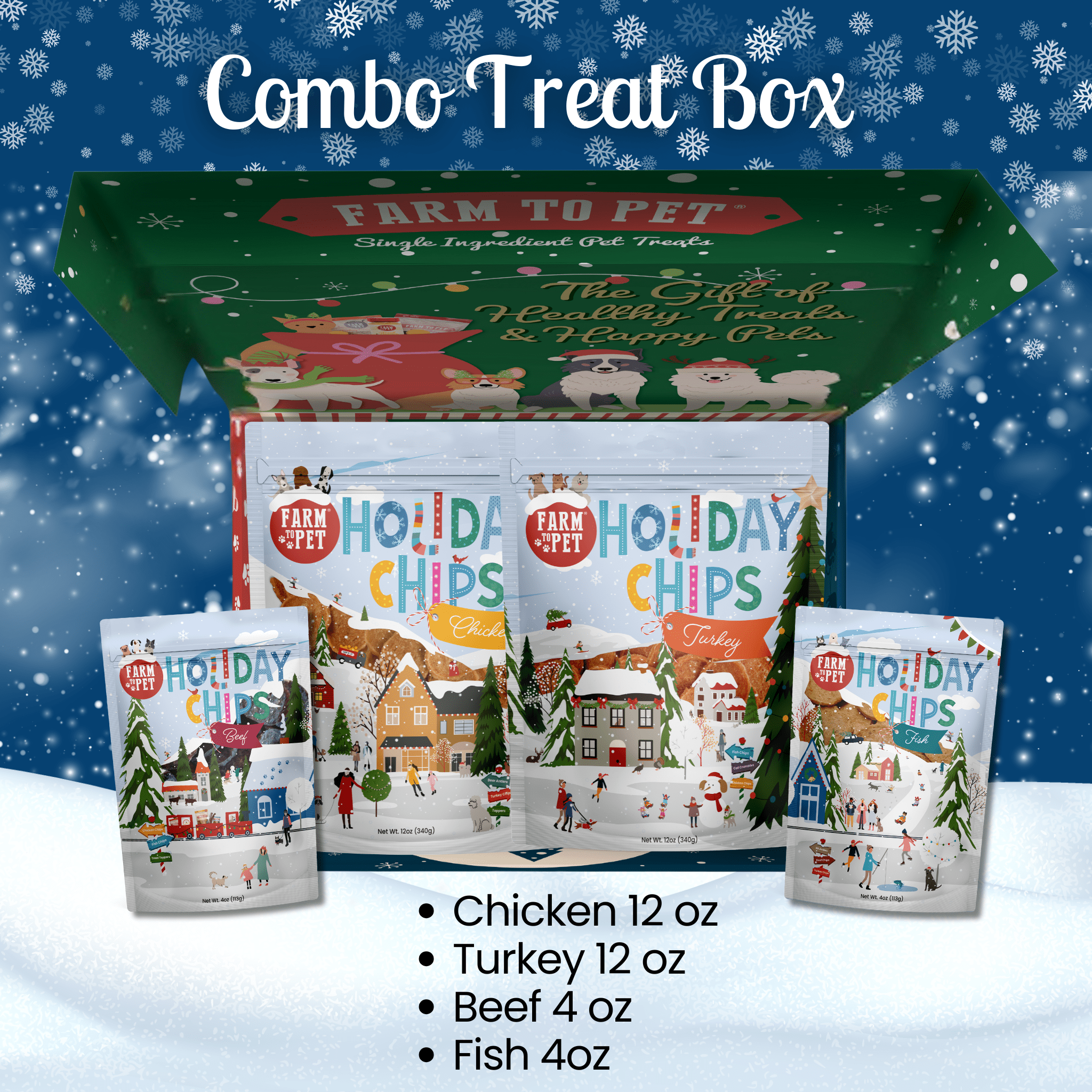 Farm to Pet holiday treat box with 'Holiday Chips' packages on a snowy background for dogs.