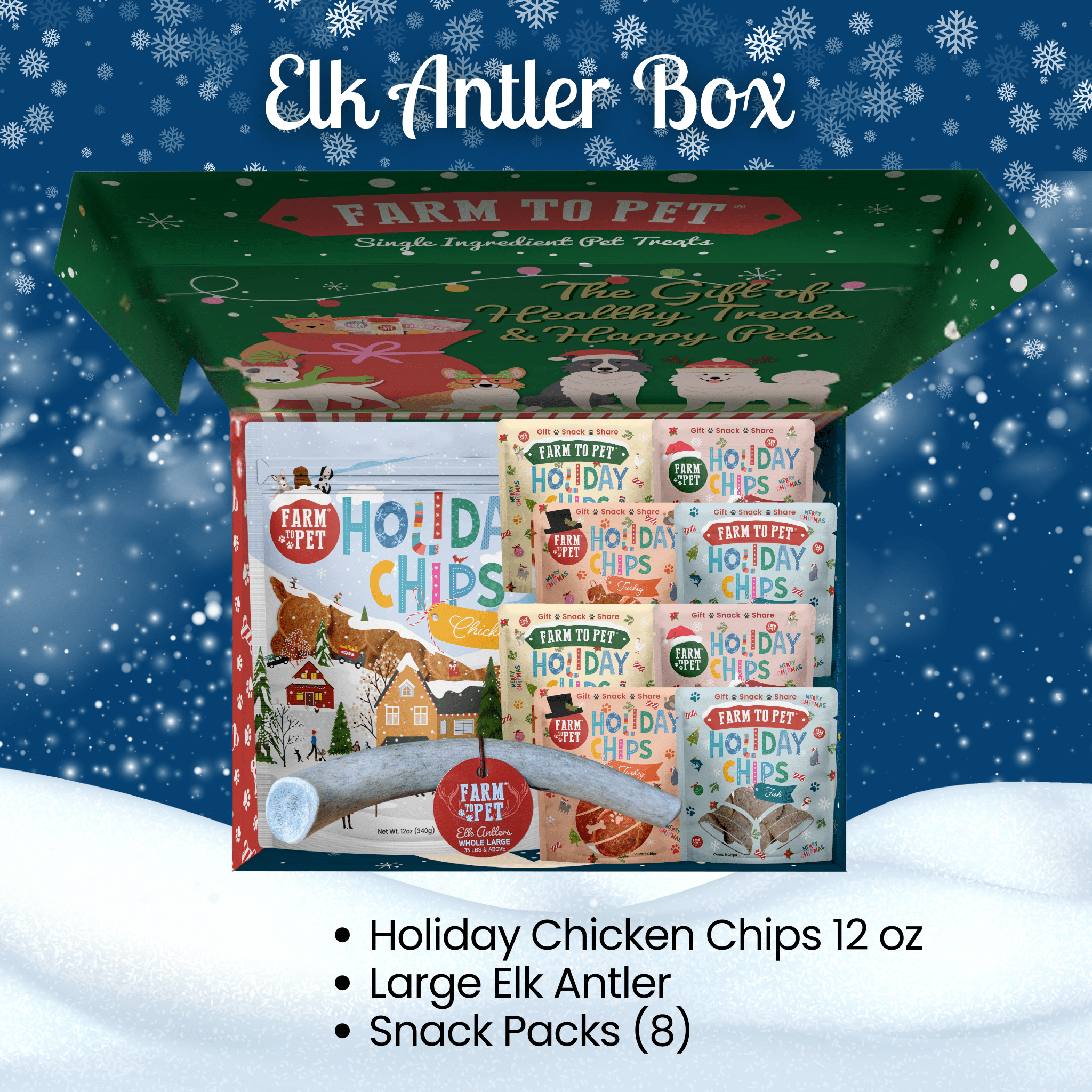 Elk Antler Box from Farm to Pet with holiday-themed packaging on a snowy background for dogs.