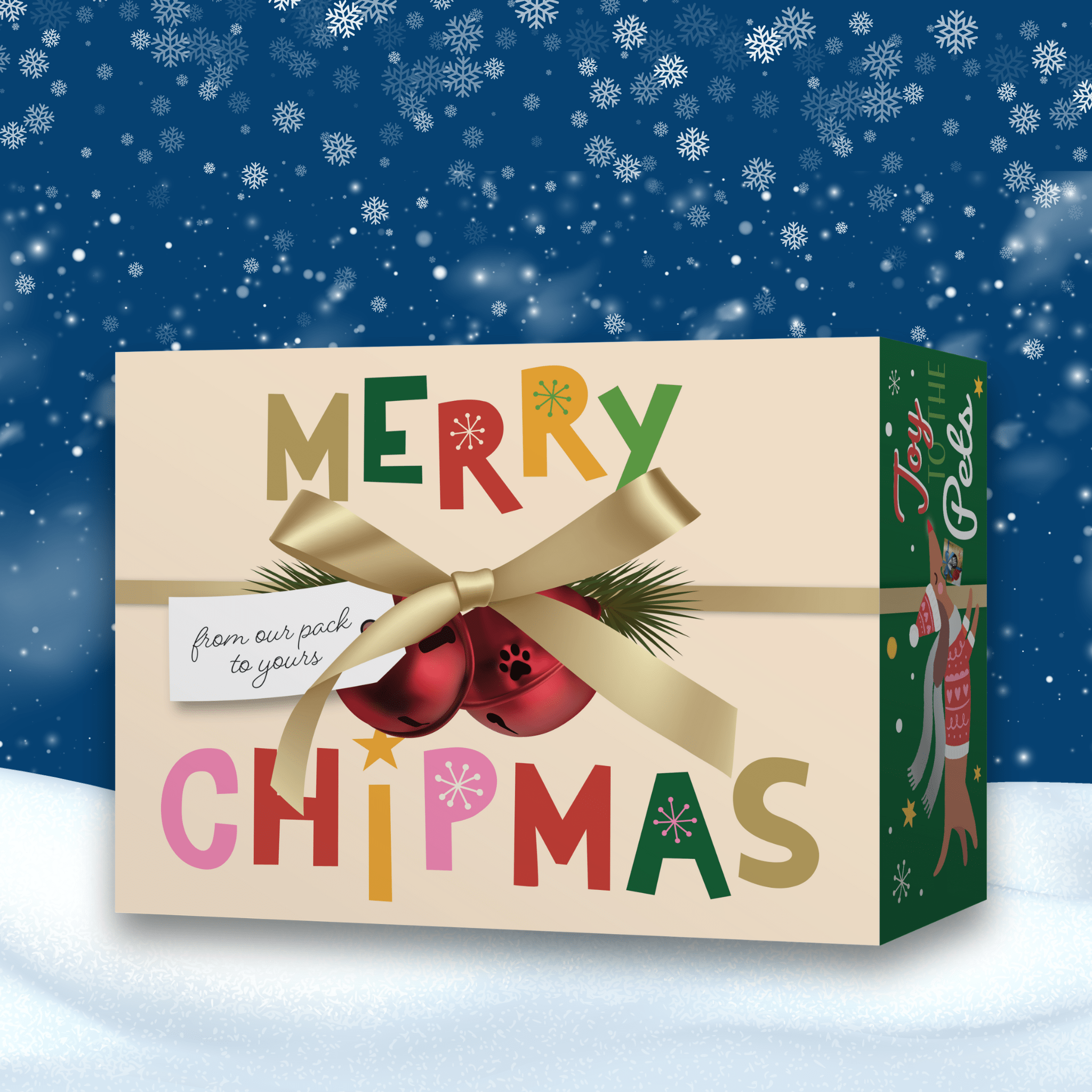 Christmas-themed gift box with 'Merry Chipmas' text and festive design on a snowy background from Farm to Pet for dogs.