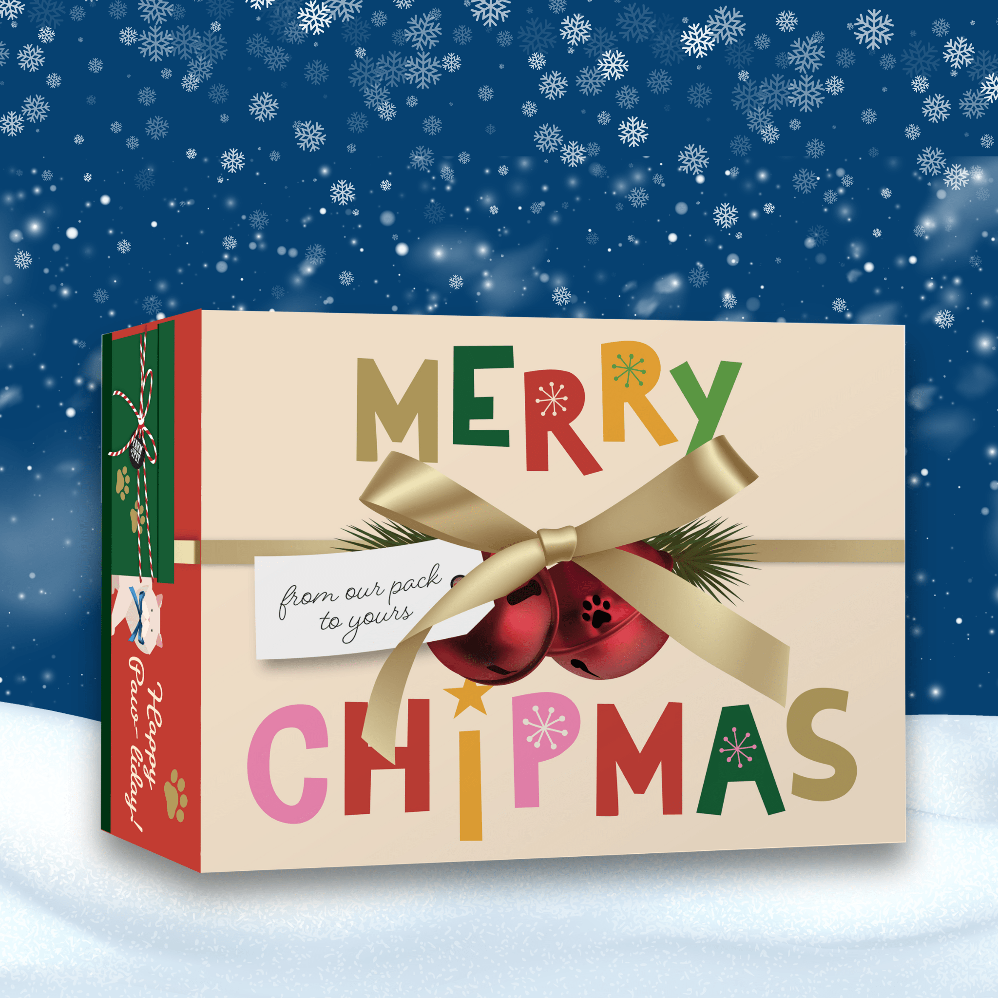 Christmas-themed gift box with colorful text and a bow against a snowy background for dogs from Farm to Pet.
