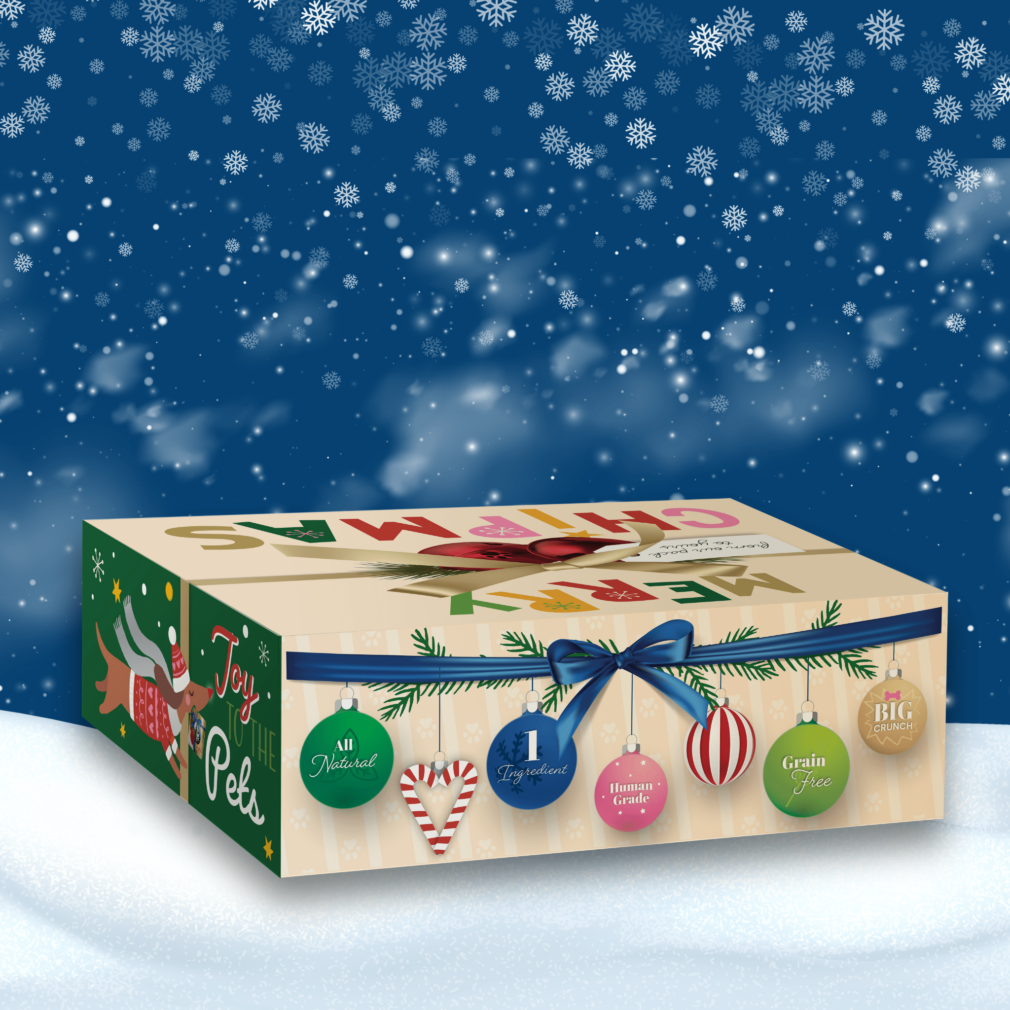 Farm to Pet gift box with festive design on a snowy background for dogs.