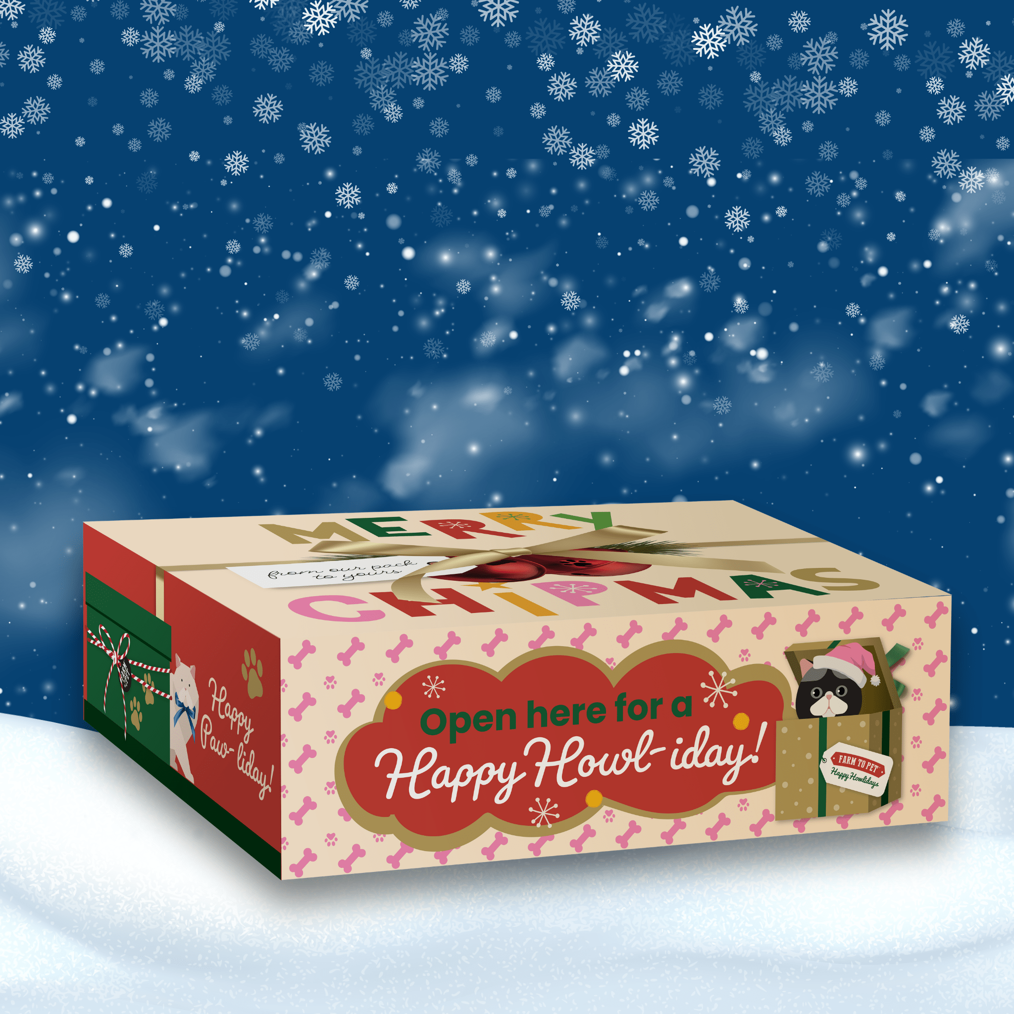 Christmas-themed gift box with festive design on a snowy background from Farm to Pet for dog treats.