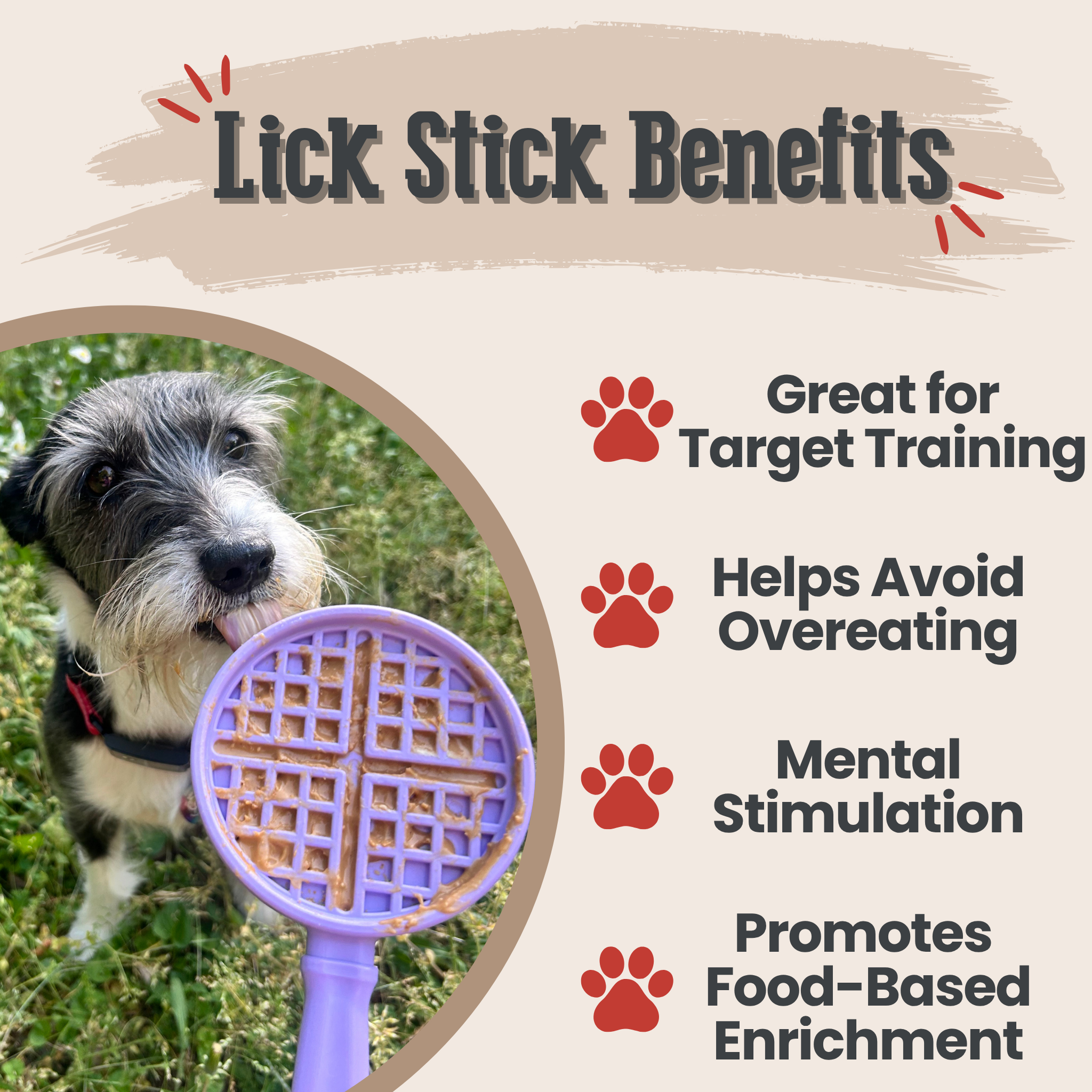 Dog licking a purple waffle-style lick stick with text listing benefits on a beige background.