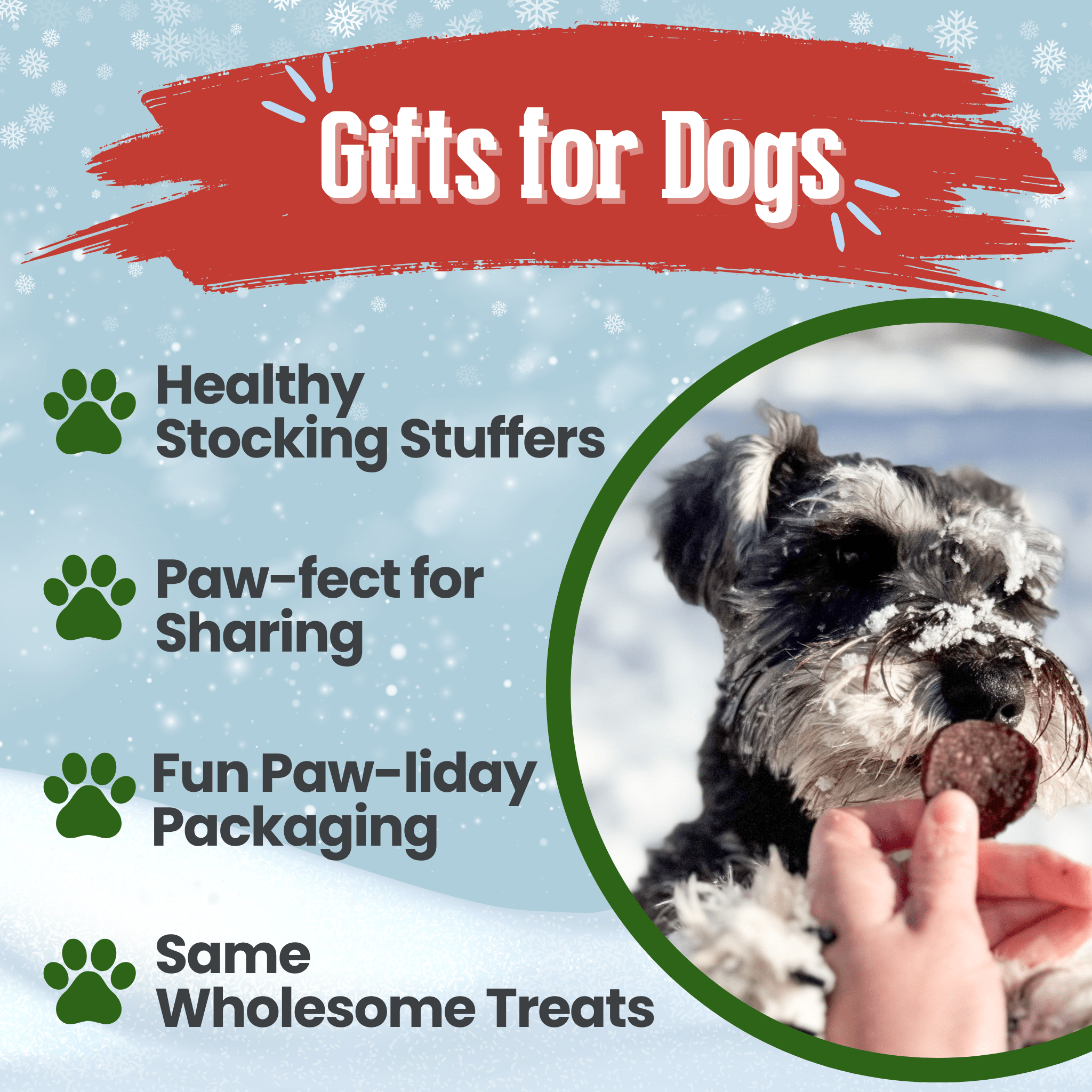 Promotional graphic for dog gifts with a dog eating a treat and text about gift features from Farm to Pet