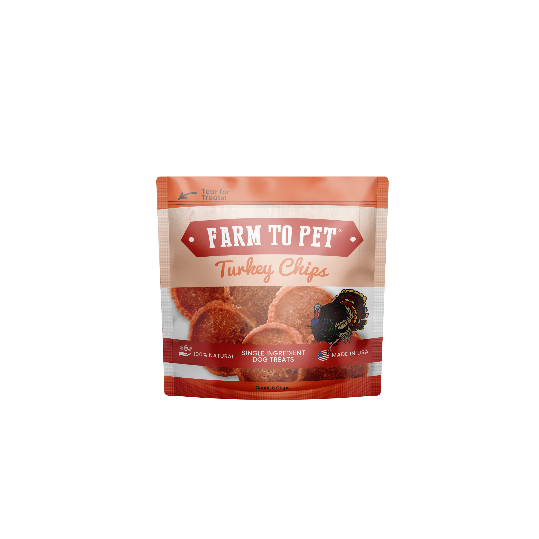 Product picture of the front of a bag Farm to Pet Turkey Chips Snack Pack on a white back ground.