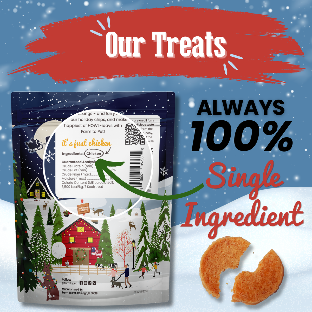 Holiday Chicken Chips label: always 100% chicken breast, single-ingredient holiday dog treats
