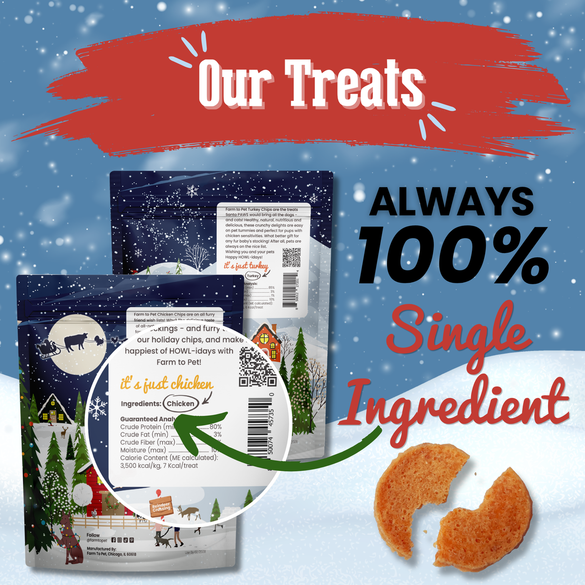 Holiday Chicken and Turkey Chips label: always 100% single ingredient Christmas dog treats