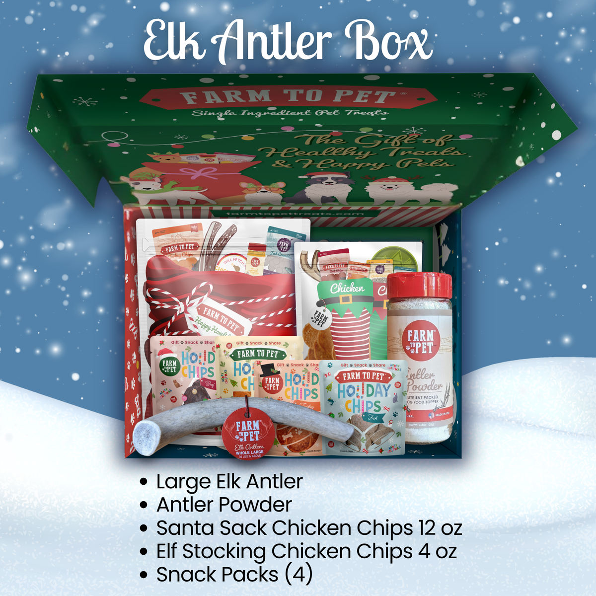 Elk antler dog gift box with large elk antler, Antler Powder, Santa Sack, Elf Stocking and Snack Packs
