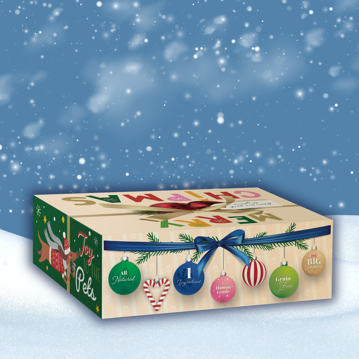 Ornament side of the Elk the Halls antler chew and dog treat Christmas gift box