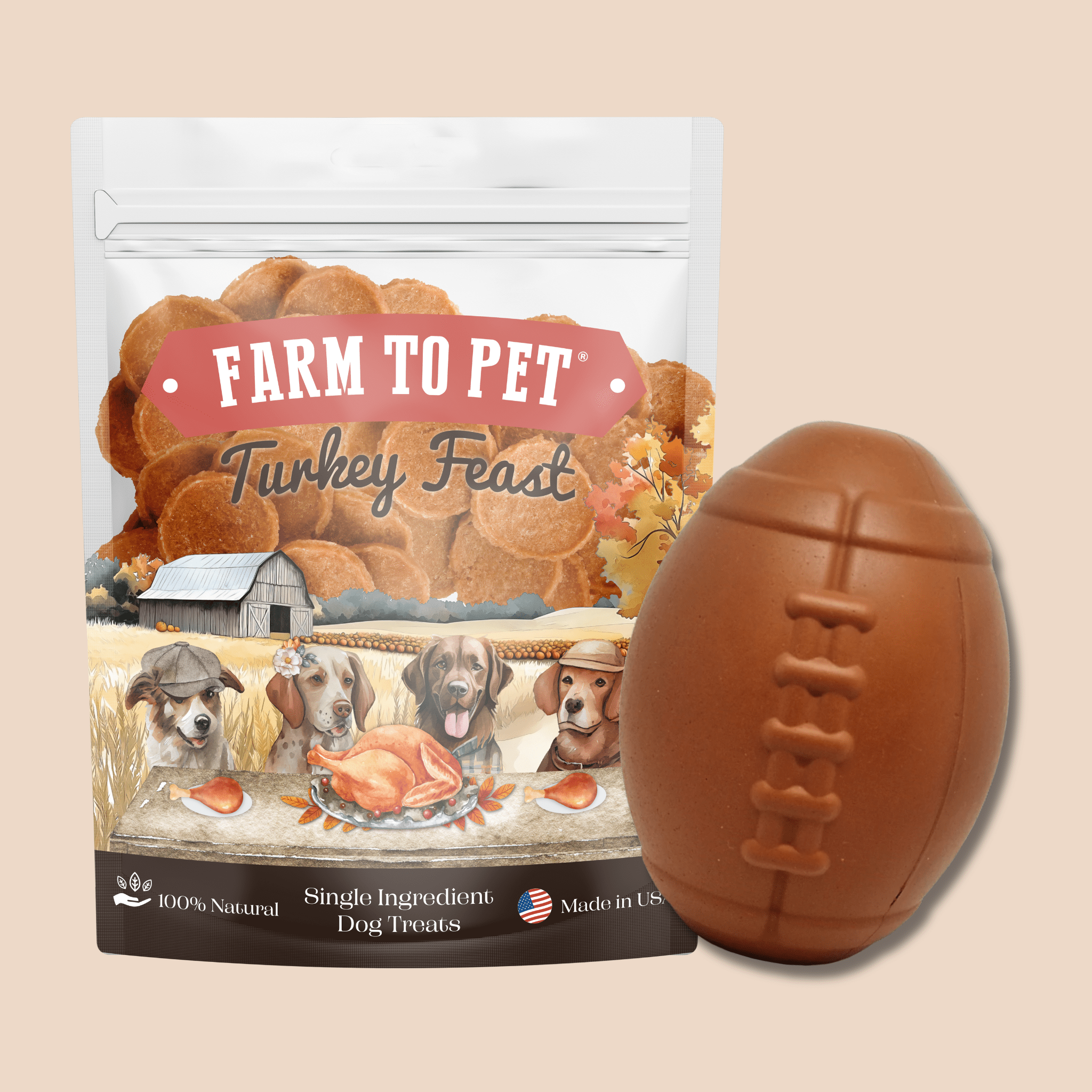 Dog treat package labeled 'Farm to Pet Turkey Feast' next to a football-shaped dog toy on a beige background