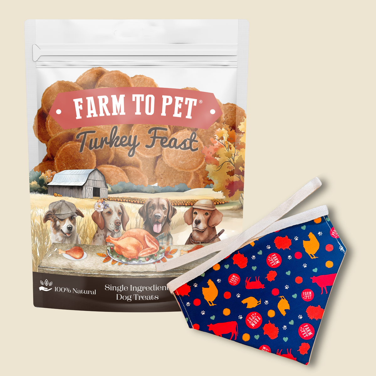 Turkey Feast Chips 12oz bag with a Farm to Pet dog bandana, a Thanksgiving gift for dogs