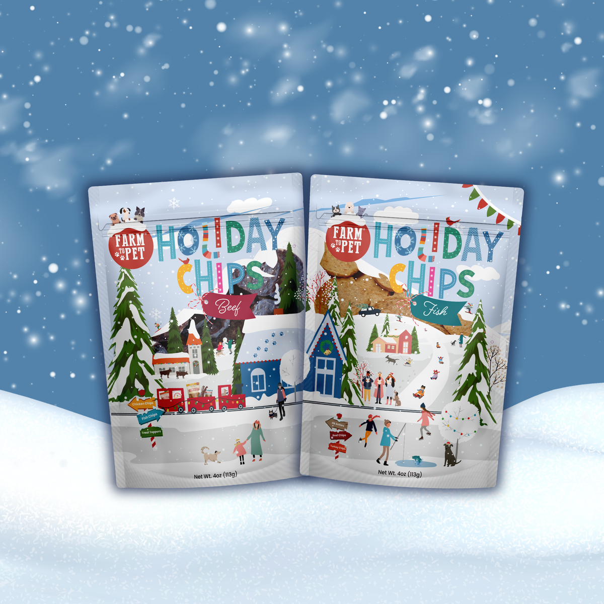 4oz Holiday Beef Chips and Holiday Fish Chips bags, healthy Christmas dog treats and stocking stuffers