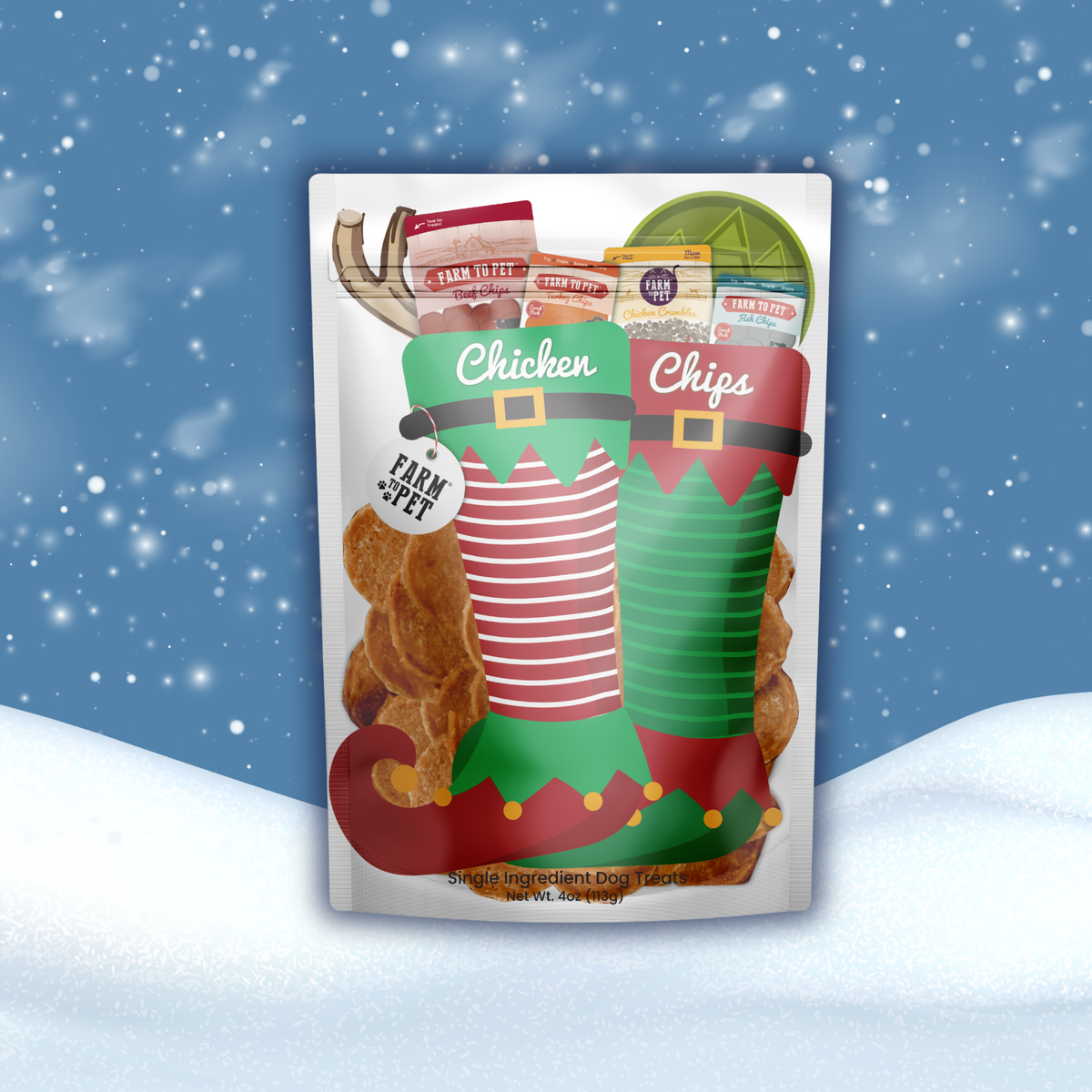 4oz Elf Stocking of Farm to Pet Christmas Chicken Chips, a single-ingredient dog stocking stuffer