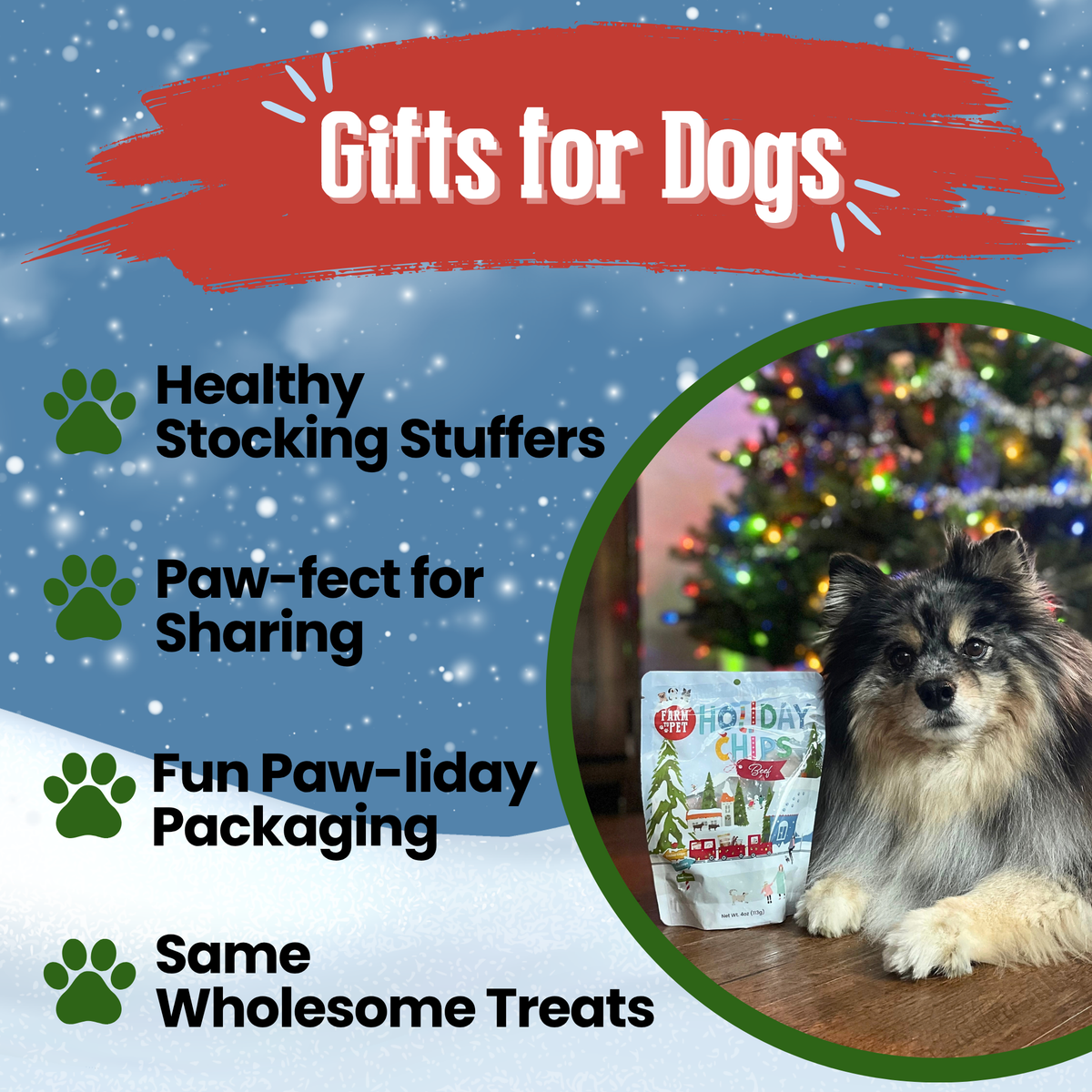 Fluffy dog by the Christmas tree with Holiday Beef Chips: healthy gifts for dogs