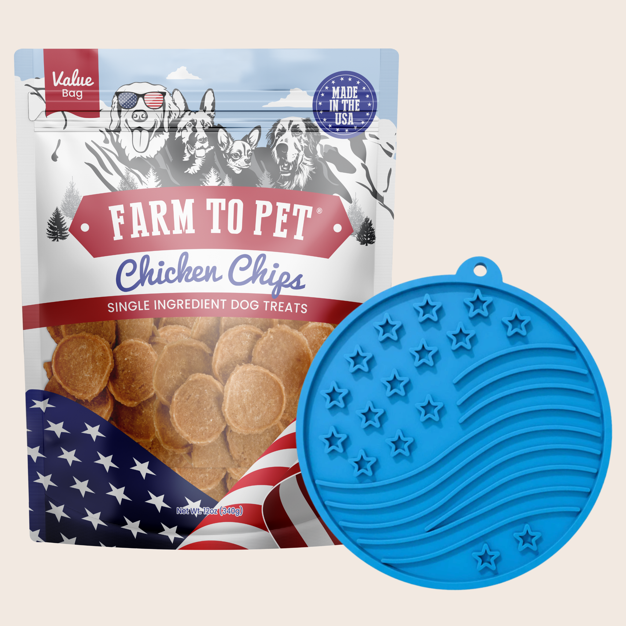 Farm to Pet chicken chips packaging with a blue silicone mat featuring an American flag design. | media-group:value-12oz-blue-stars-stripes