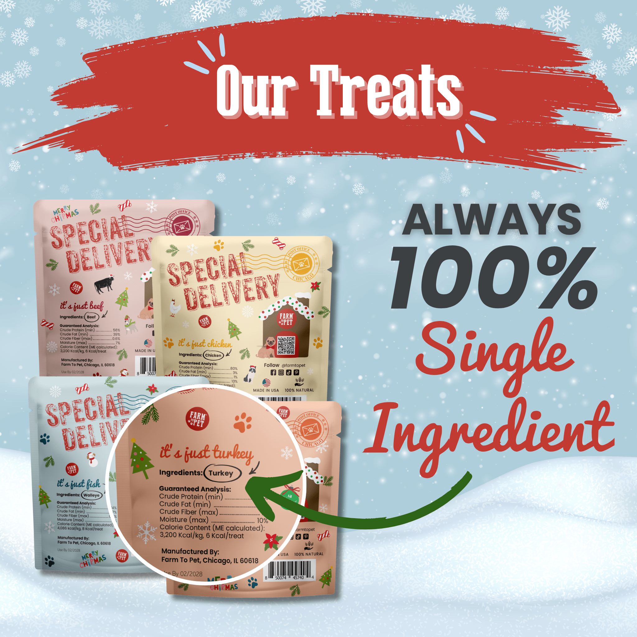 Dog treat packages with 'Special Delivery' branding on a snowy background from Farm to Pet