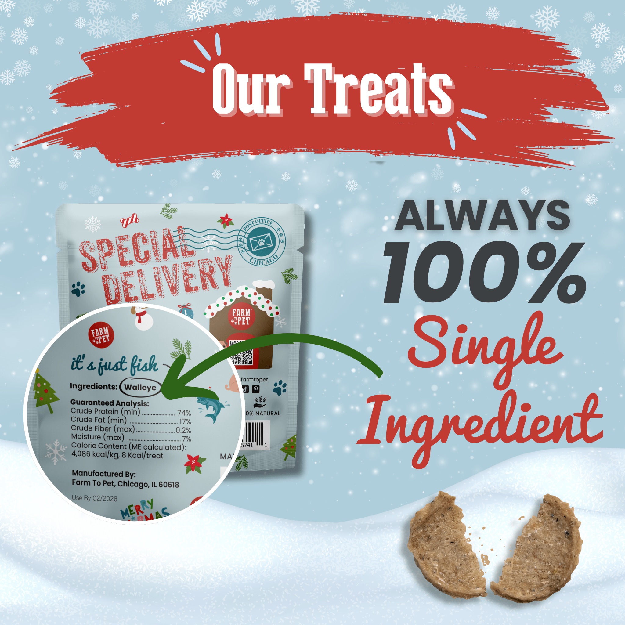 Product packaging with text 'Our Treats Always 100% Single Ingredient' on a snowy background for dogs from Farm to Pet.