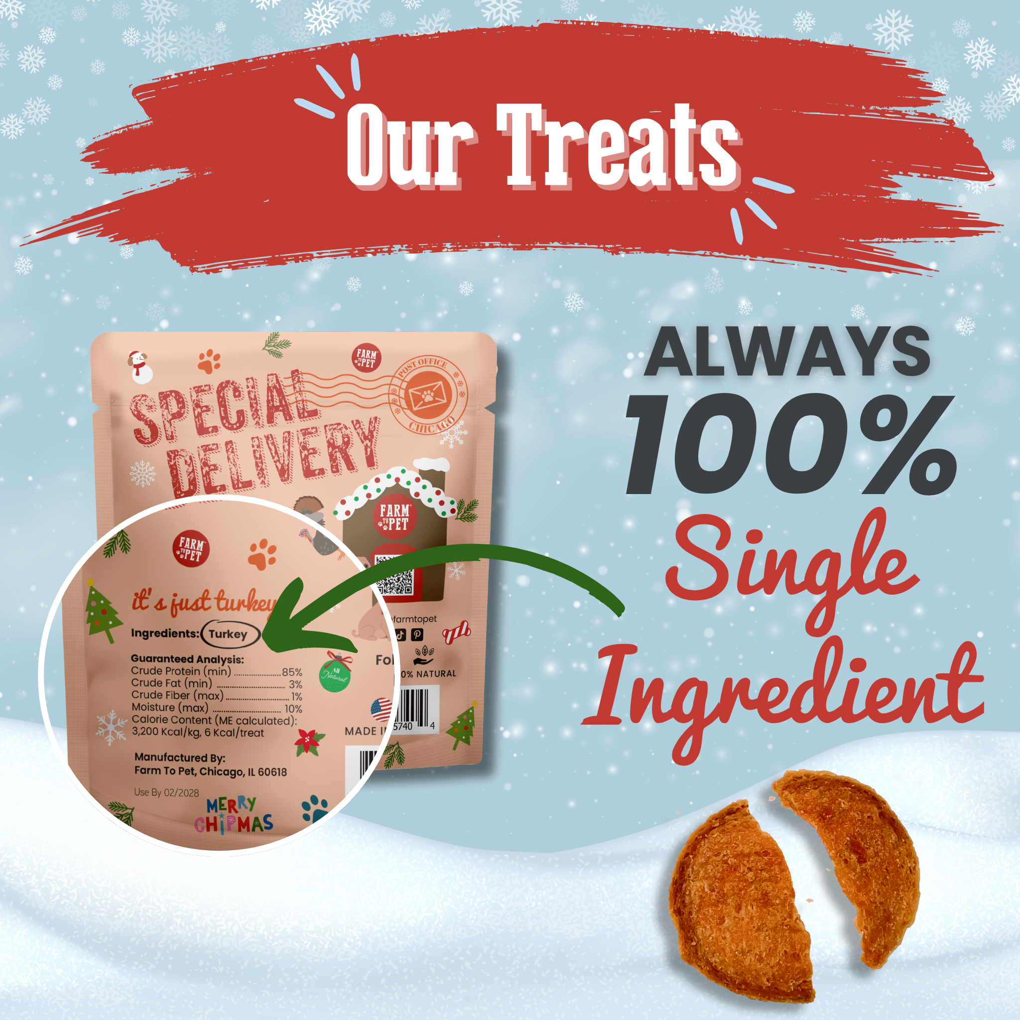Dog treat package with text 'Our Treats Always 100% Single Ingredient' on a snowy background from Farm to Pet