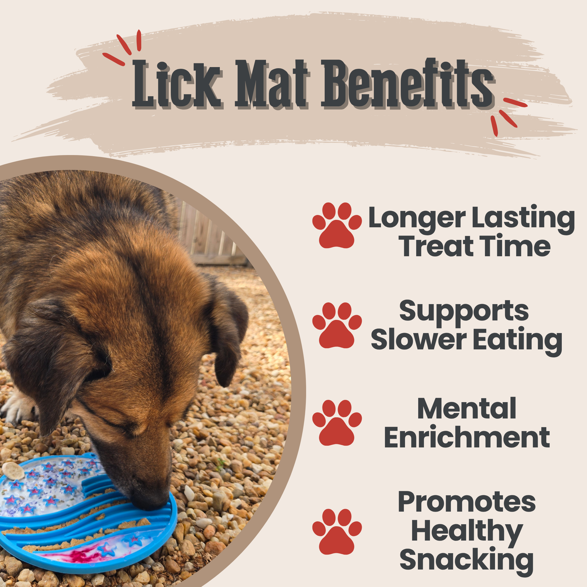 Dog using a lick mat with text listing benefits on a beige background | media-group:value-12oz-blue-stars-stripes