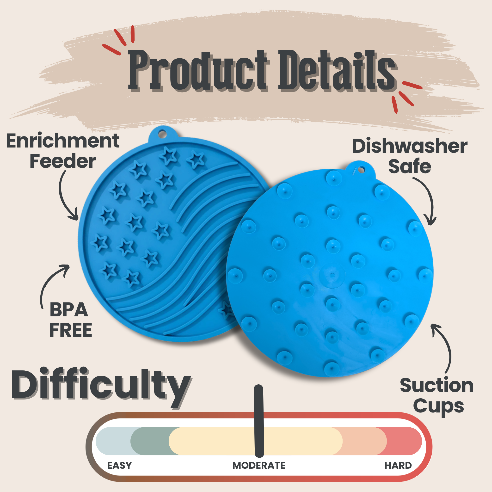 Two blue silicone mats with text detailing features on a beige background | media-group:standard-4oz-blue-stars-stripes