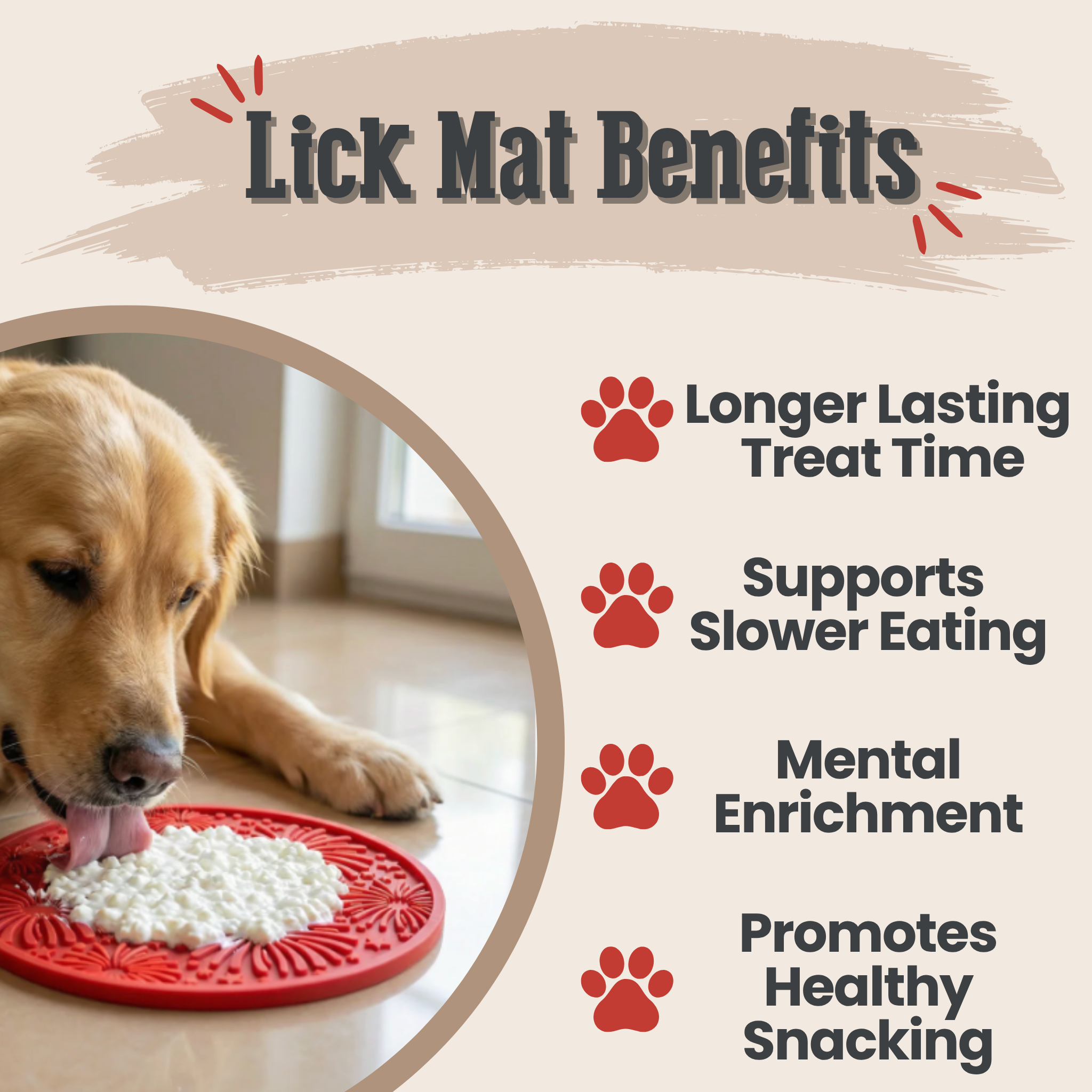 Dog using a red lick mat with text listing benefits on a beige background | media-group:value-12oz-red-fireworks