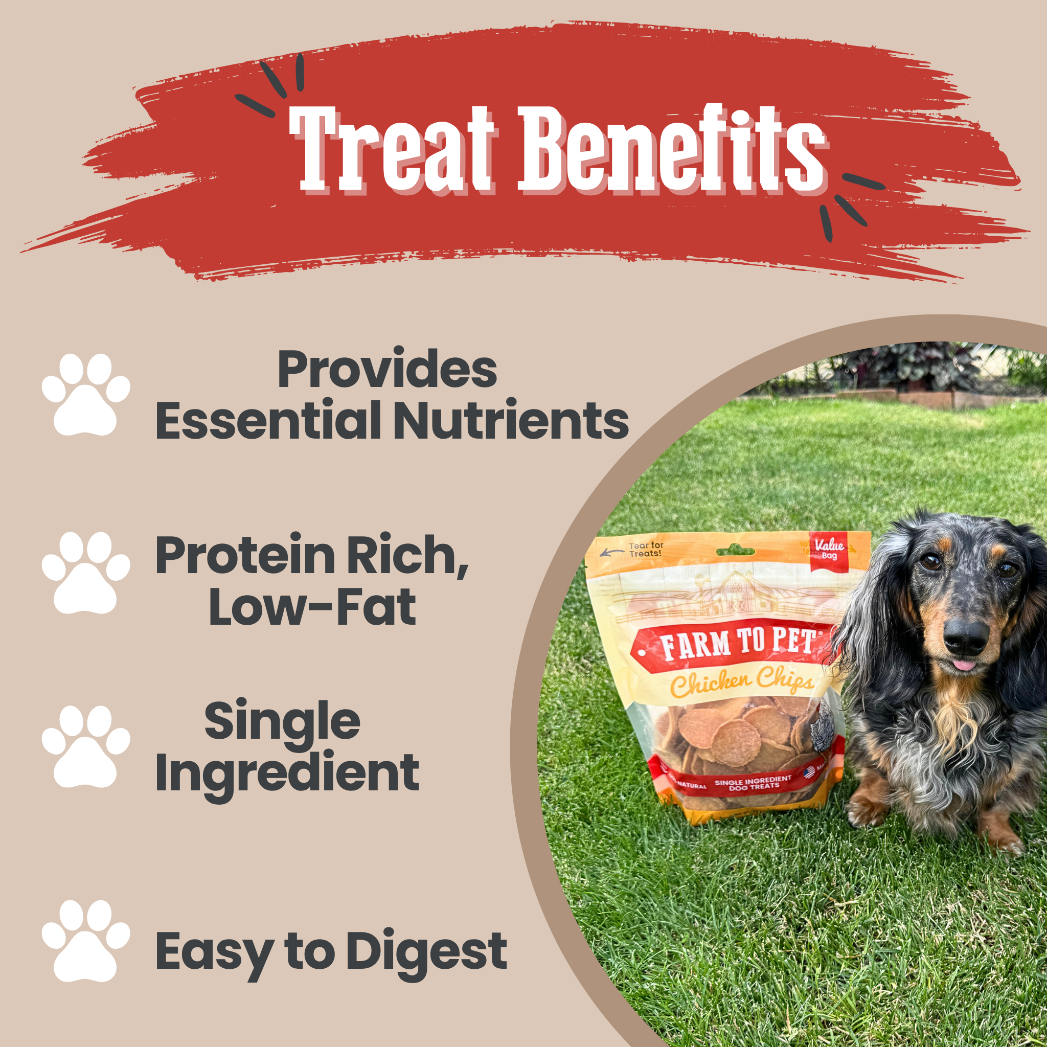 Dog treat package with a dog on grass, labeled 'Farm to Pet', and text about treat benefits.