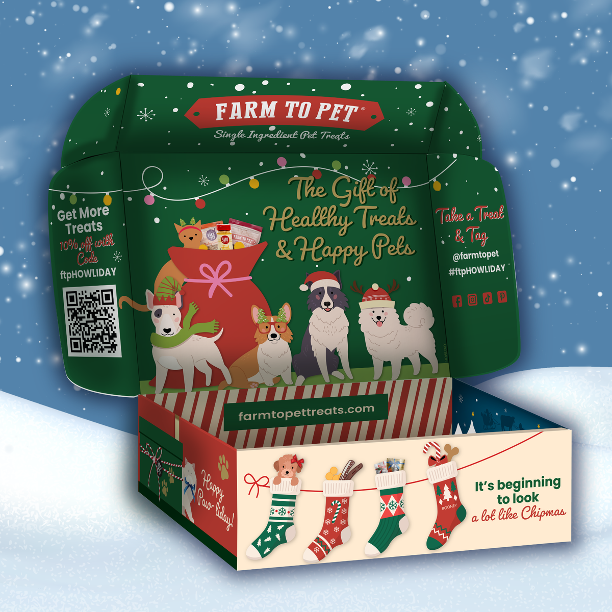 Open Farm to Pet holiday gift box lid with illustrated dogs and stockings, a Christmas gift for dogs